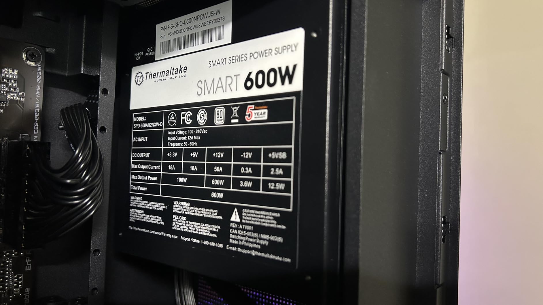 Thermaltake Smart 600W ATX 12V V2.3/EPS 12V 80 Plus Certified Active PFC Power Supply PS-SPD-0600NPCWUS-W customer photo 2