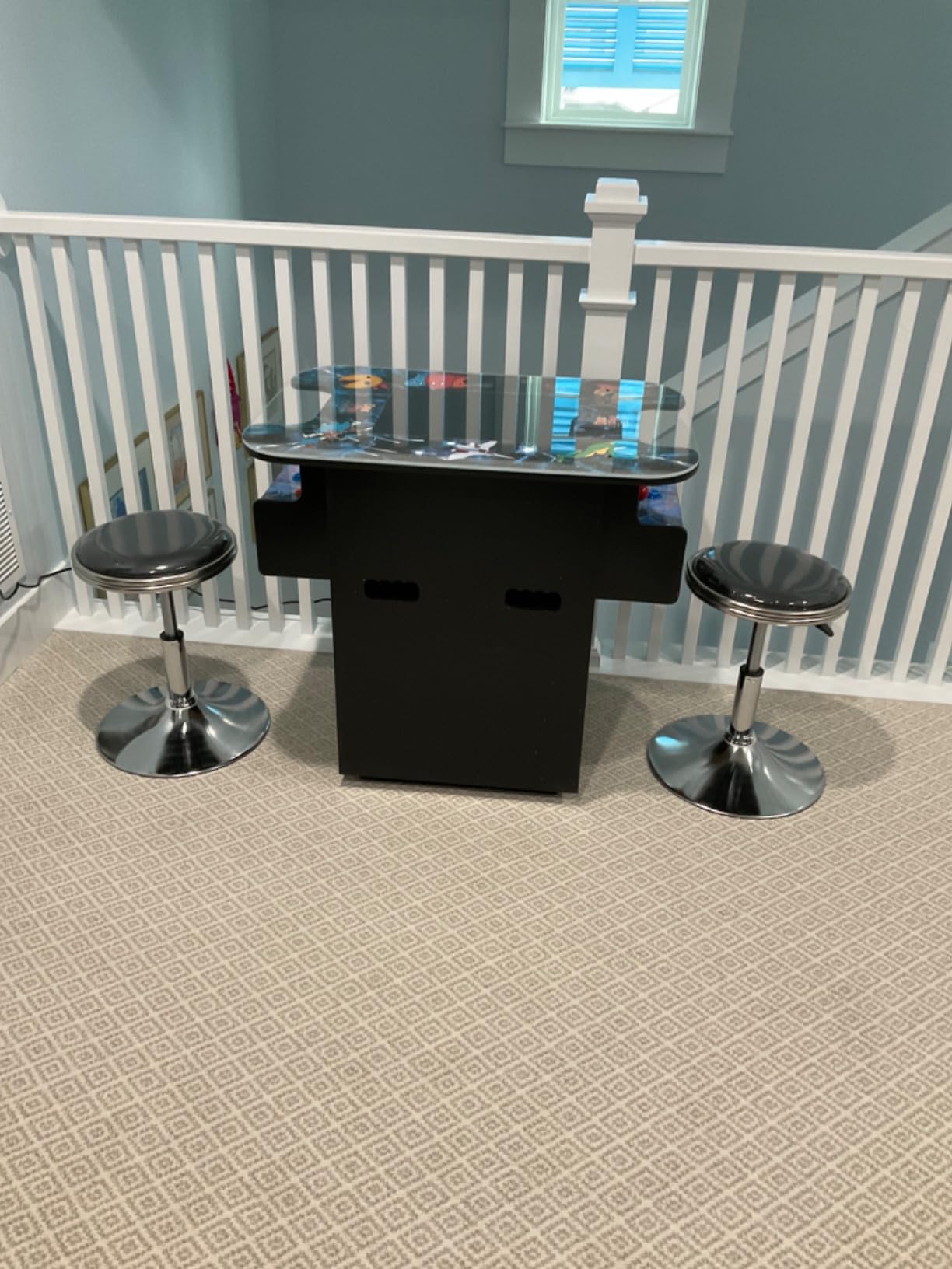 Top Us Arcades Set of 2 Swivel Bar Stools Easy Adjustable Height Leather Padded Cushion Work Home Bar Man Cave Arcade Room Garage Padding Black top Shiny Chrome customer photo 1
