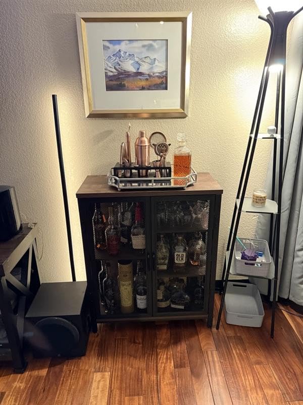 BON AUGURE Coffee Bar Cabinet for Liquor, Small Storage Cabinet, Rustic Oak | 2 Doors, Industrial Alcohol Cabinet, Adjustable Shelves, Farmhouse Sideboard Buffet for Home Kitchen, Dining, Living Room customer photo 1