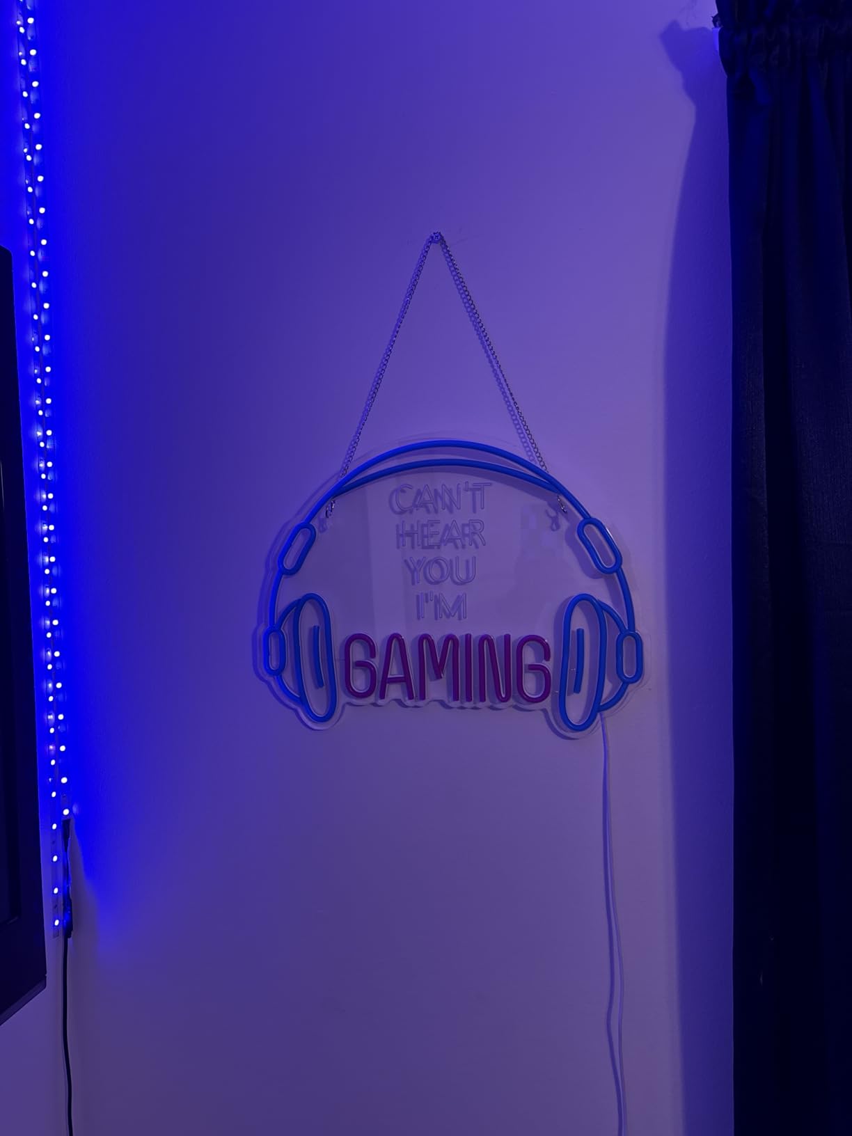 Gaming Neon Sign, Large Bright and Dimmable Colored LED Headset Gamer Neon Light and USB Powered Headphone Lightup Game Signs for Game Zone Video Room Boy Bedroom Wall Decor (Can't Hear You I'm Gaming) customer photo 2