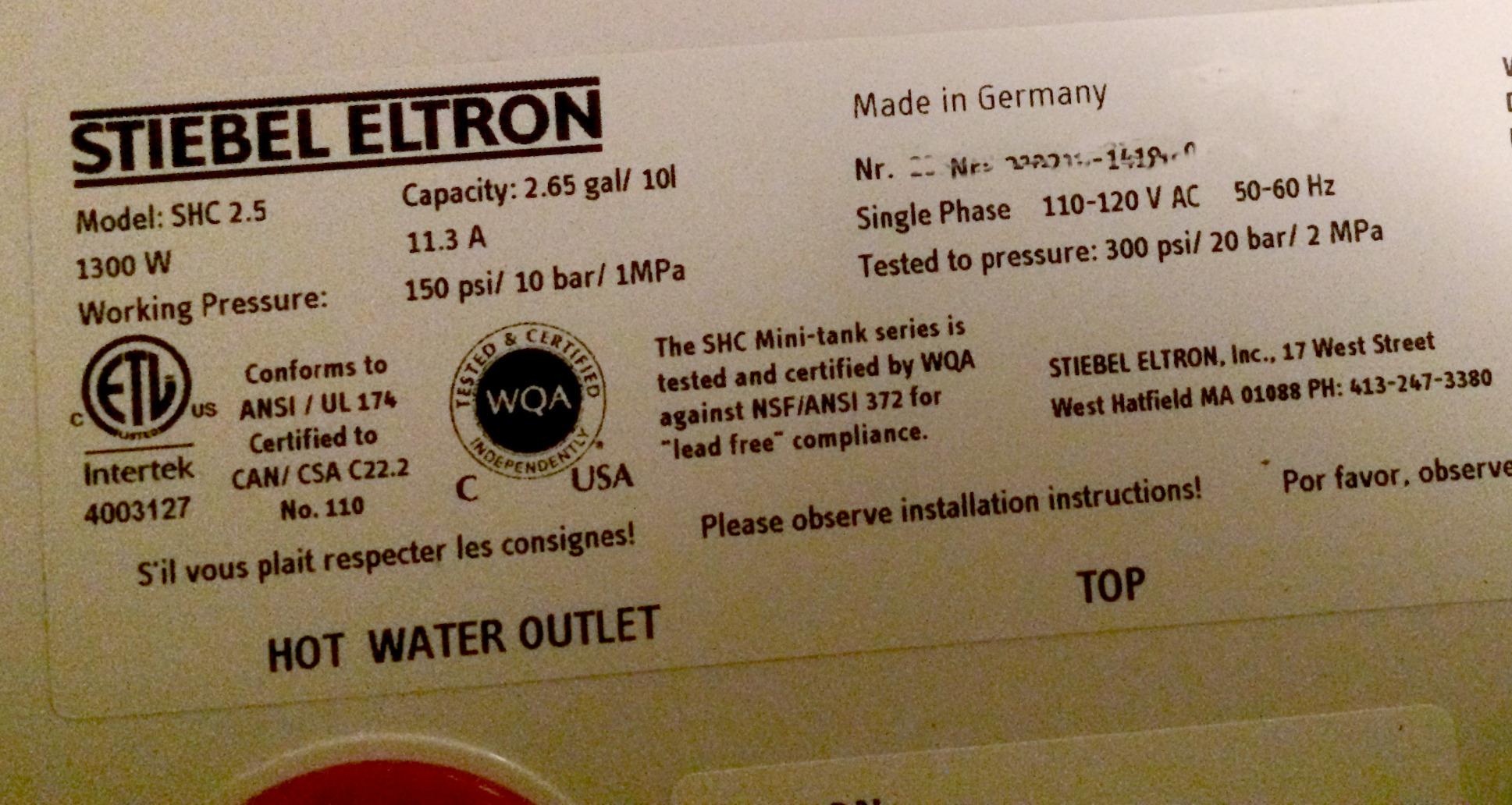 Stiebel Eltron 233219 2.5 gallon, 1300W, 120V SHC 2.5 Mini-Tank Electric Water Heater customer photo 1
