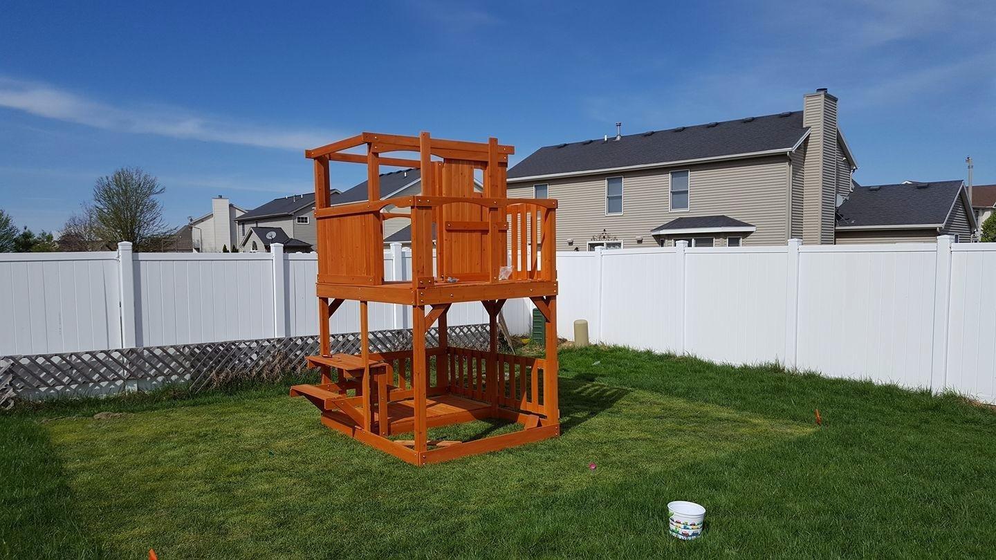 Backyard Discovery Skyfort II Cedar Wood Swing Set with Wave Slide, Raised Clubhouse, Crow's Nest, Monkey Bars, Balcony, Belt Swings, Trapeze, Rock Wall, Picnic Table, Sandbox, Ladder, Outdoor Playset customer photo 1