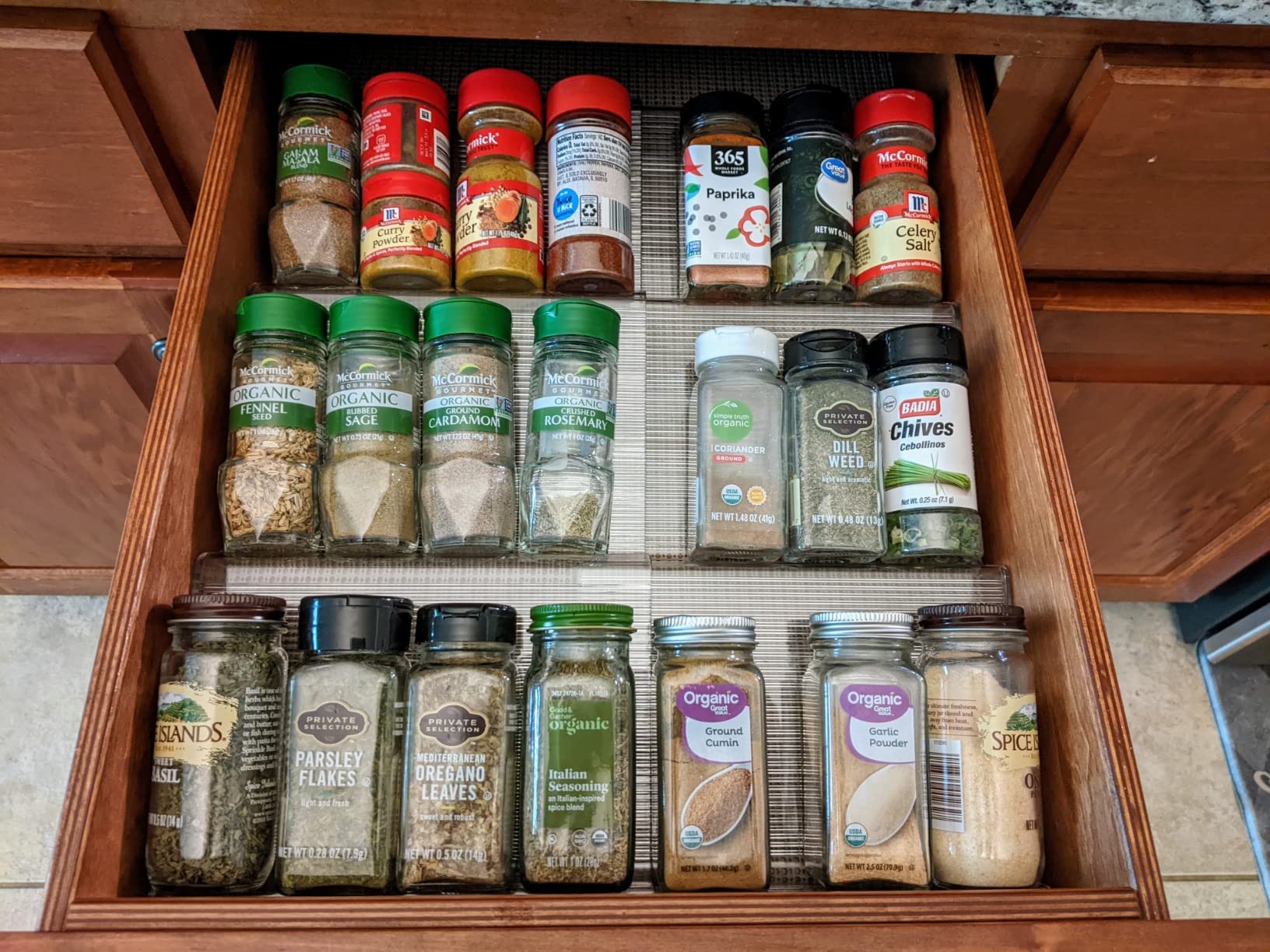 mDesign Expandable Plastic Deluxe Spice Rack, Drawer Organizer for Kitchen Cabinet Drawers, 3 Tier Slanted for Spice Jars, Food Seasoning Bottle Storage, Ligne Collection - Clear customer photo 1