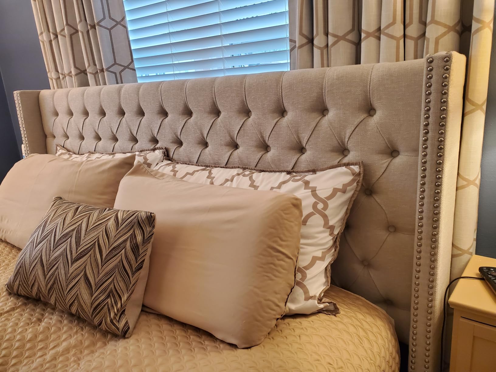Madison Park Amelia Upholstered Headboard | Nail Head Trim Wingback Button Tufted | Queen, Cream customer photo 1