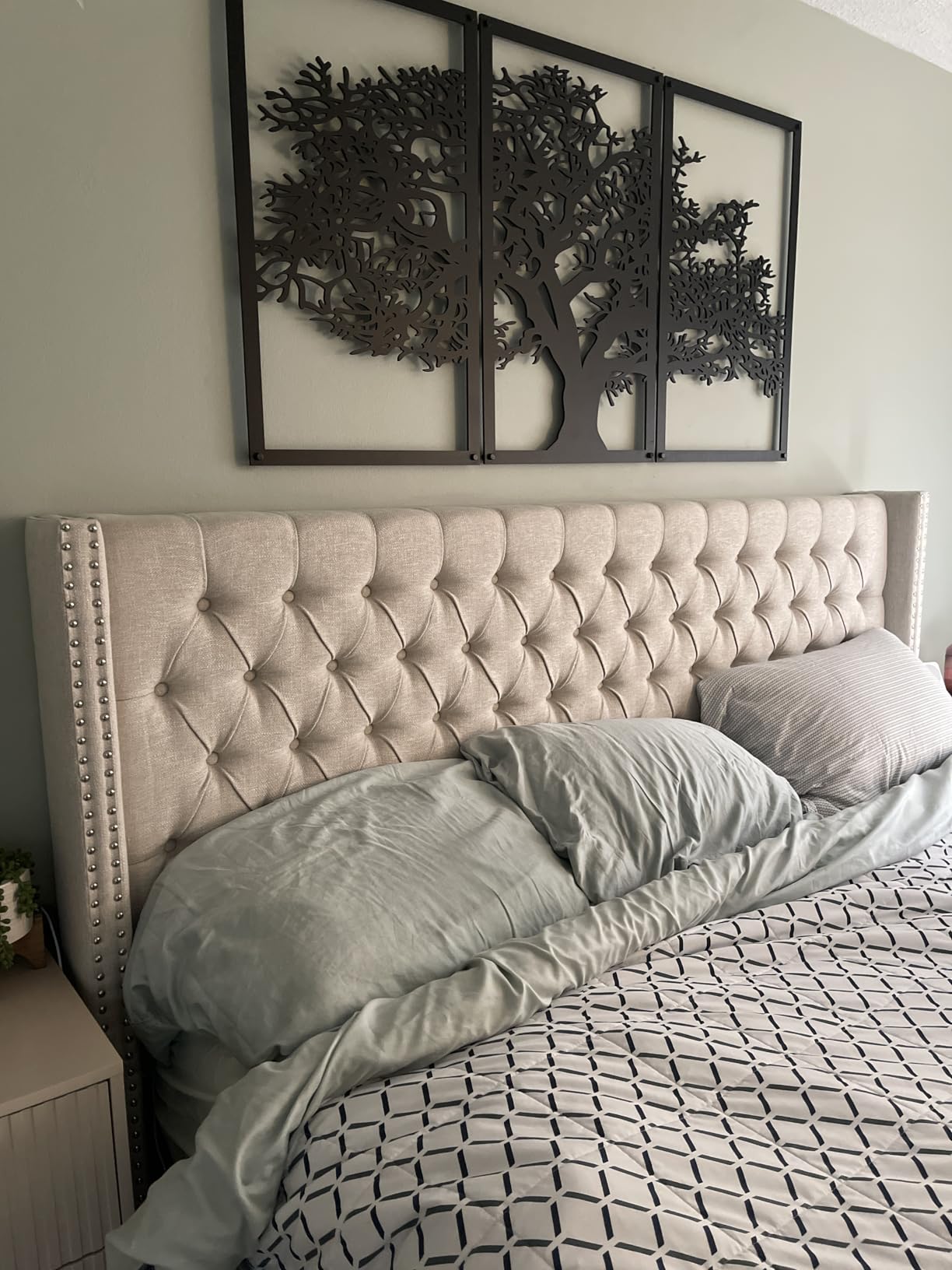 Madison Park Amelia Upholstered Headboard | Nail Head Trim Wingback Button Tufted | Queen, Cream customer photo 2