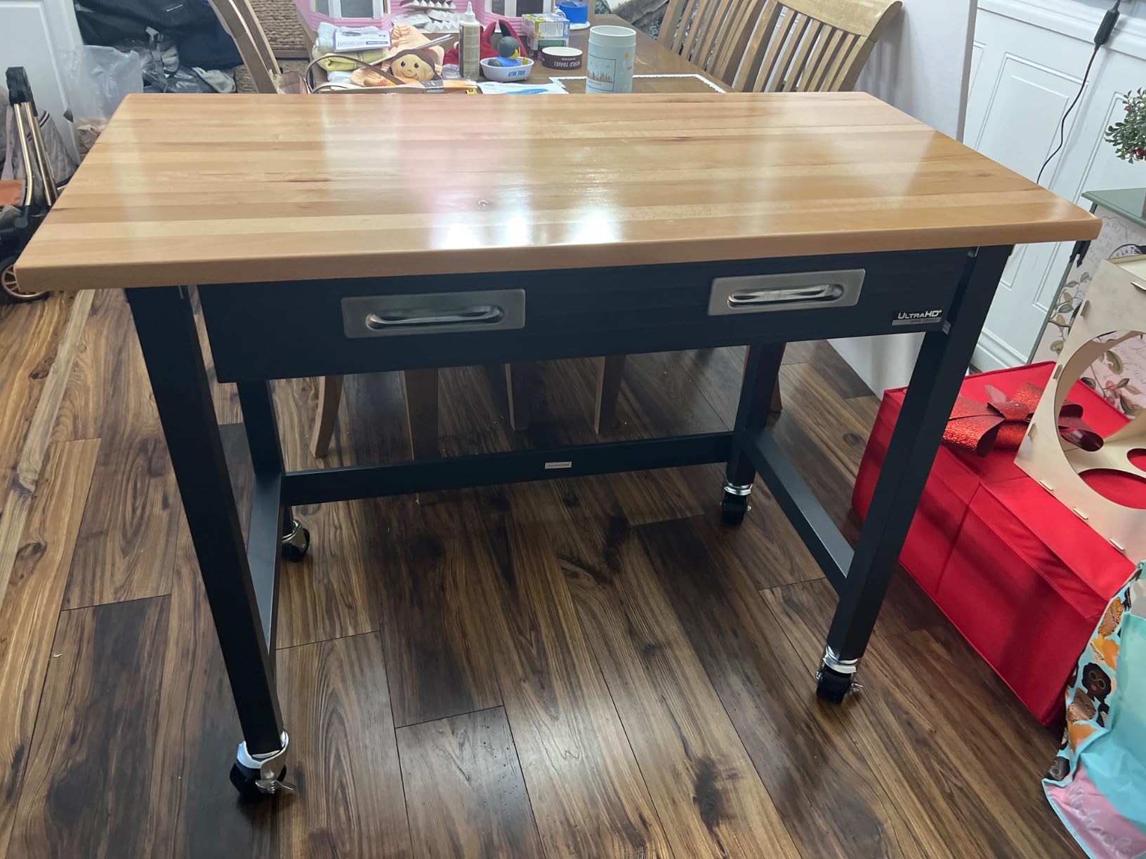 Seville Classics UltraGraphite Wood Top Workbench on Wheels with Sliding Organizer Drawer Table, 48