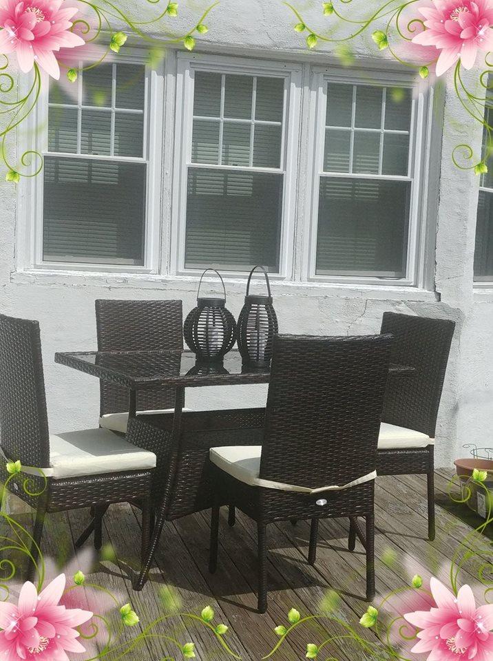Tangkula 5 Piece Patio Wicker Dining Set, Outdoor Rattan Table and Chairs with w/Tempered Glass Table Top & Padded Cushions, Wicker Patio Conversation Furniture Set for Balcony Patio Garden Poolside customer photo 2