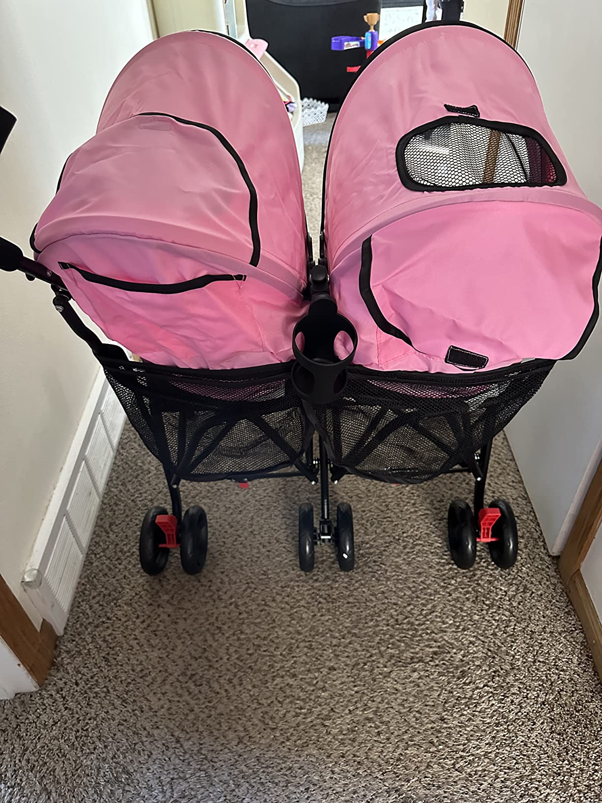 BABY JOY Double Umbrella Stroller, Lightweight Travel Side by Side Twin Stroller with Large Storage, Cup Holder, 5-Point Safety Harness, Adjustable Canopy & Compact Fold for Infant and Toddler (Pink) customer photo 1