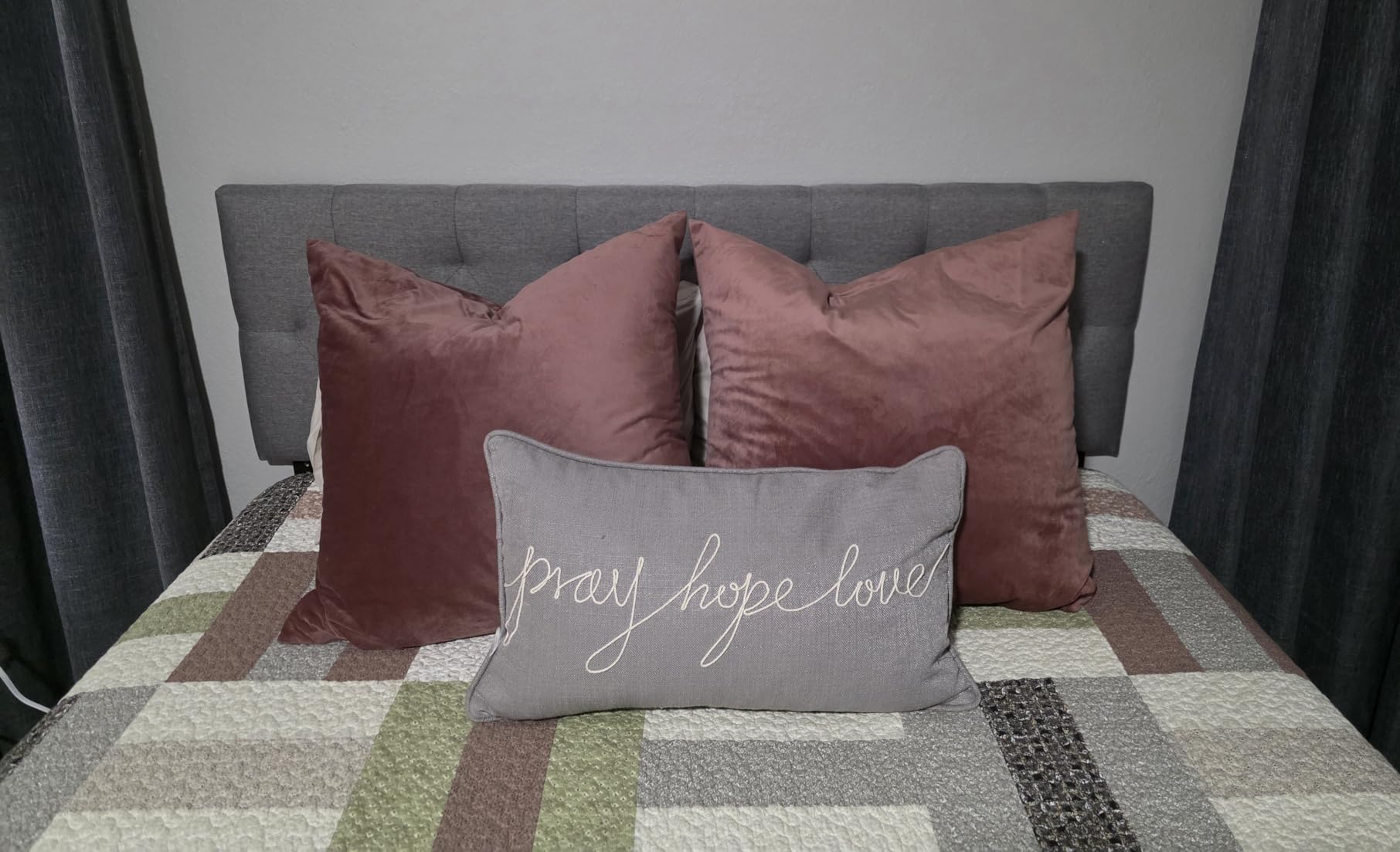Lucid Mid-Rise Upholstered Headboard - Diamond Tufted - Padded Polyester - Adjustable Height from 34” to 46” - Easy Assembly - Bed Frame or Wall Mount - Sturdy - Stone - Queen Size customer photo 1