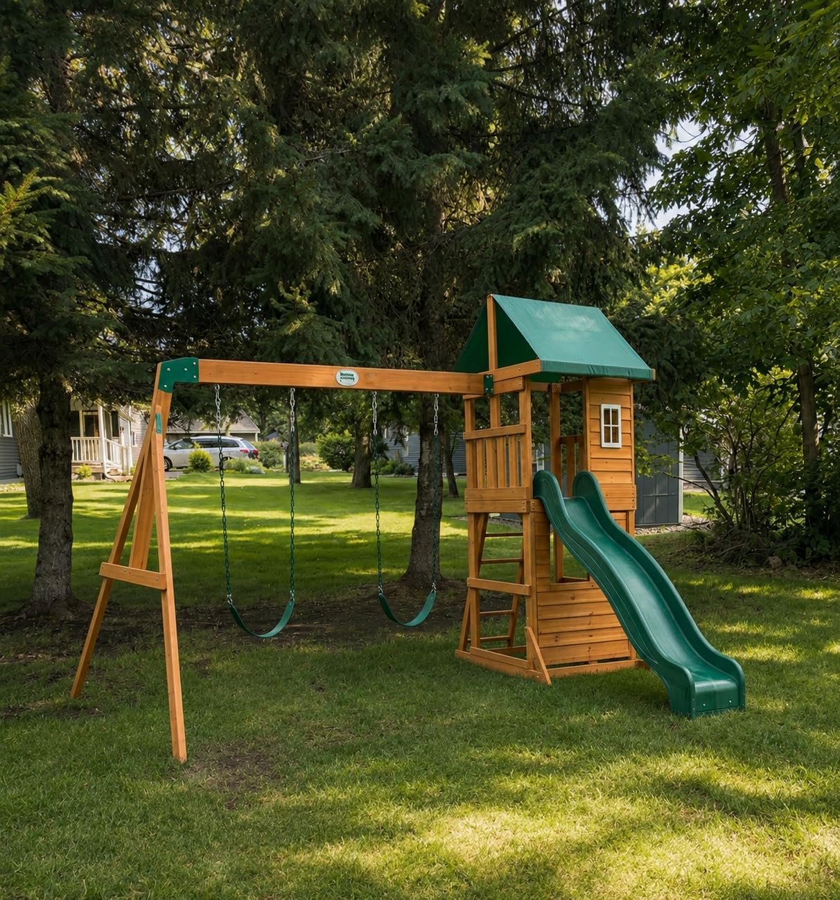 Backyard Discovery Lakewood Cedar Wood Swing Set with Wave Slide, Clubhouse, Playhouse, Snack Bar Window, Picnic Area, Belt Swings, Trapeze, Full Front Door, Windows, Step Ladder, Outdoor Playset customer photo 2