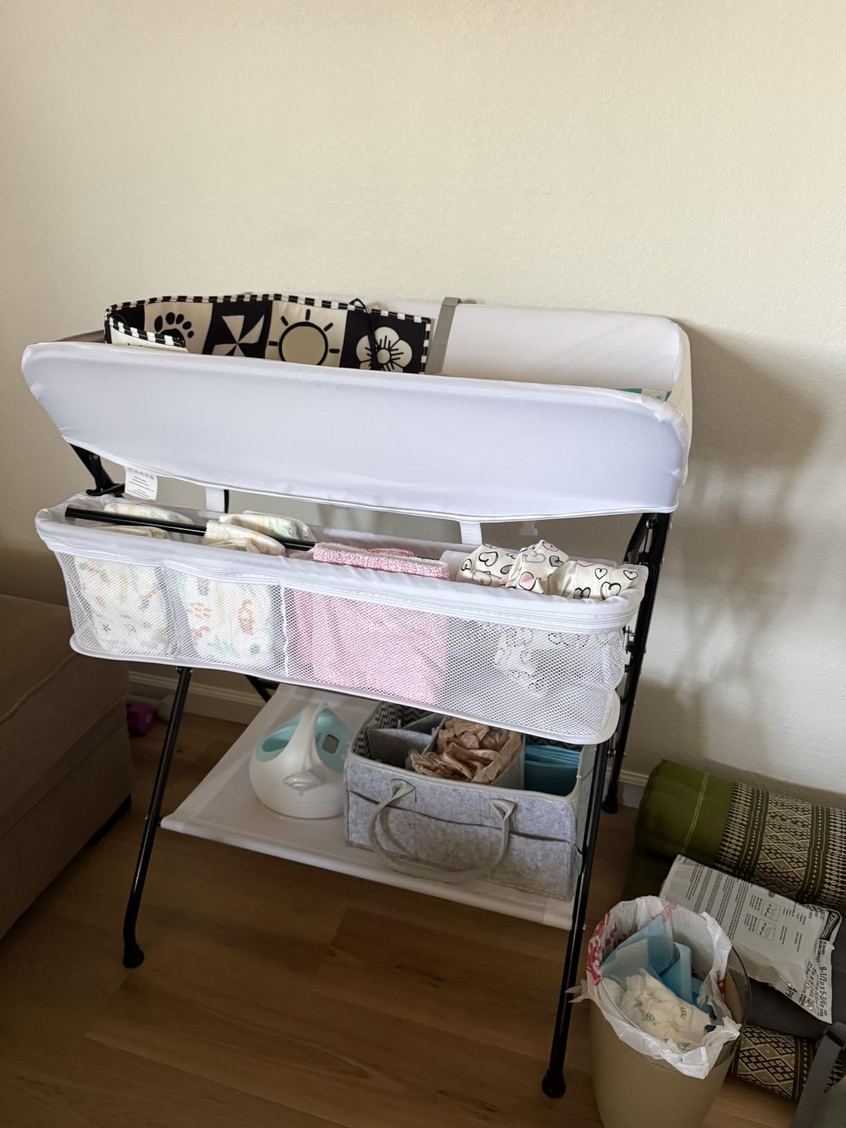 INFANS Baby Changing Table, Folding Diaper Station Portable Nursery Organizer with Safety Belt and Large Storage Racks for Newborn Baby and Infant (Grey) customer photo 2
