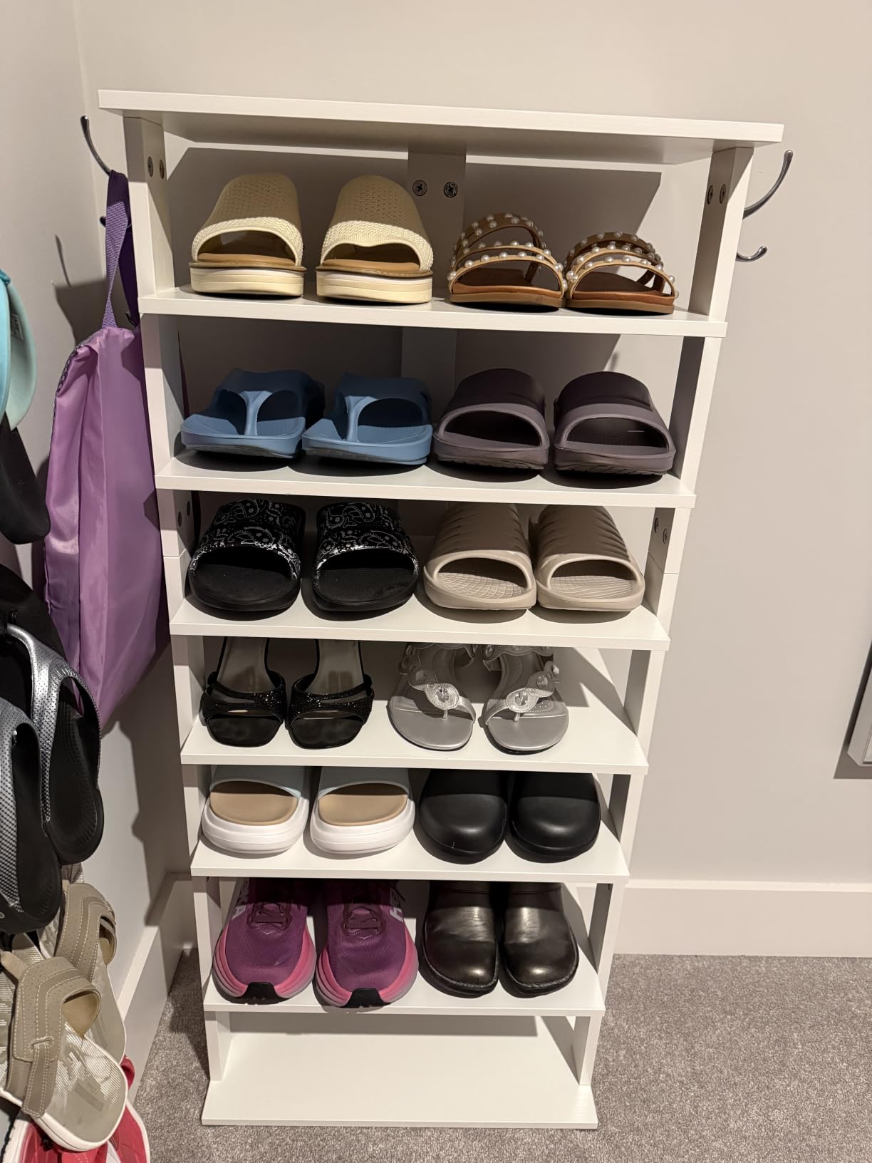 HOOBRO 8 Tiers Vertical Shoe Rack, Wooden Shoe Storage Organizer with Hooks, Narrow Shoe Tower for 8 Pairs, Space Saving, for Entryway, Living Room, Bedroom, Rustic Brown BF07XJ01G1 customer photo 1