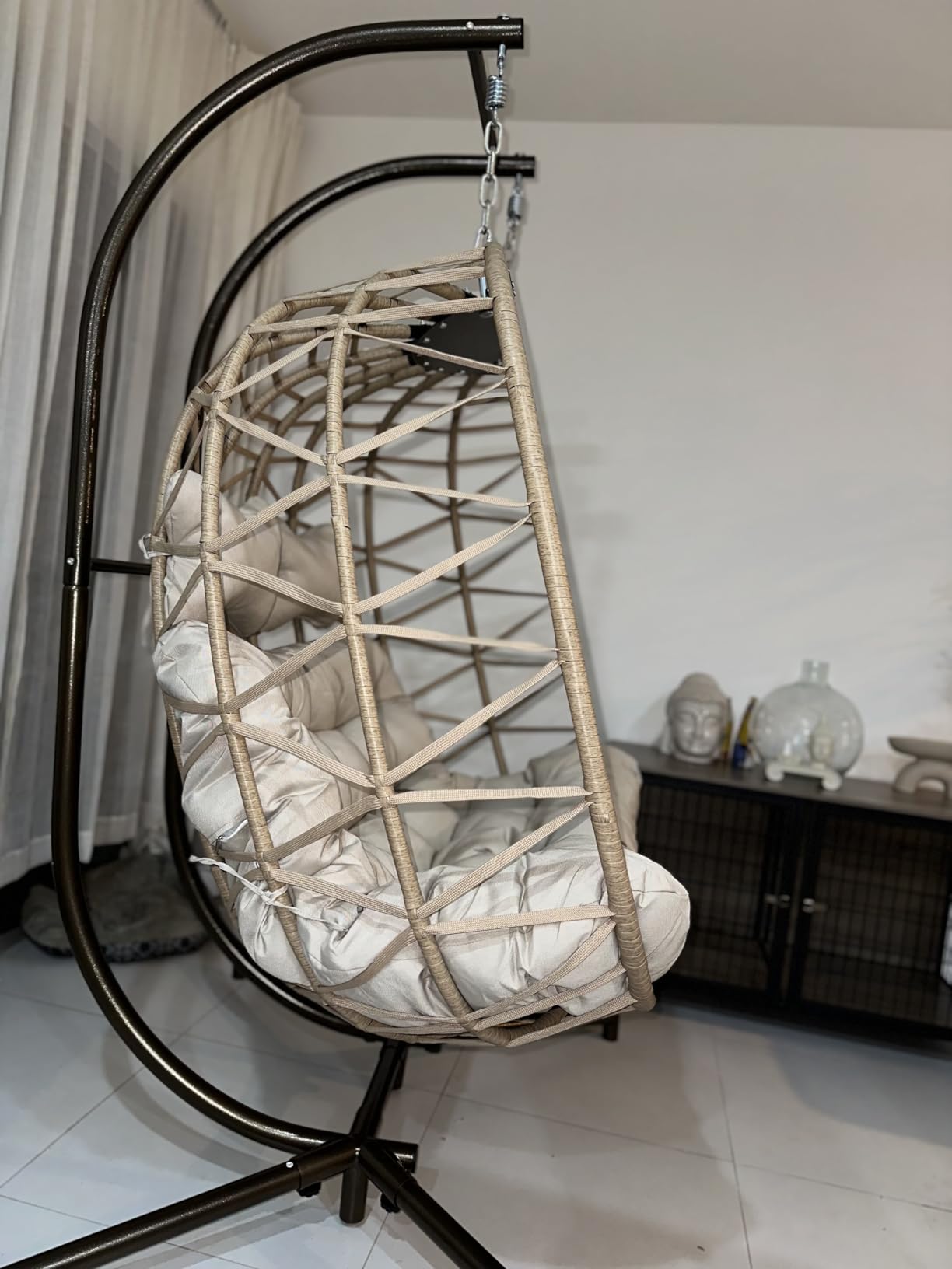 NICESOUL Double Swing Egg Chair with Stand, Extra Large 2 Person Indoor Outdoor Wicker Loveseat, Oversized Patio Hanging Basket Chair with Cushions, Cozy Sturdy Porch Swing for Backyard Balcony, Beige customer photo 1