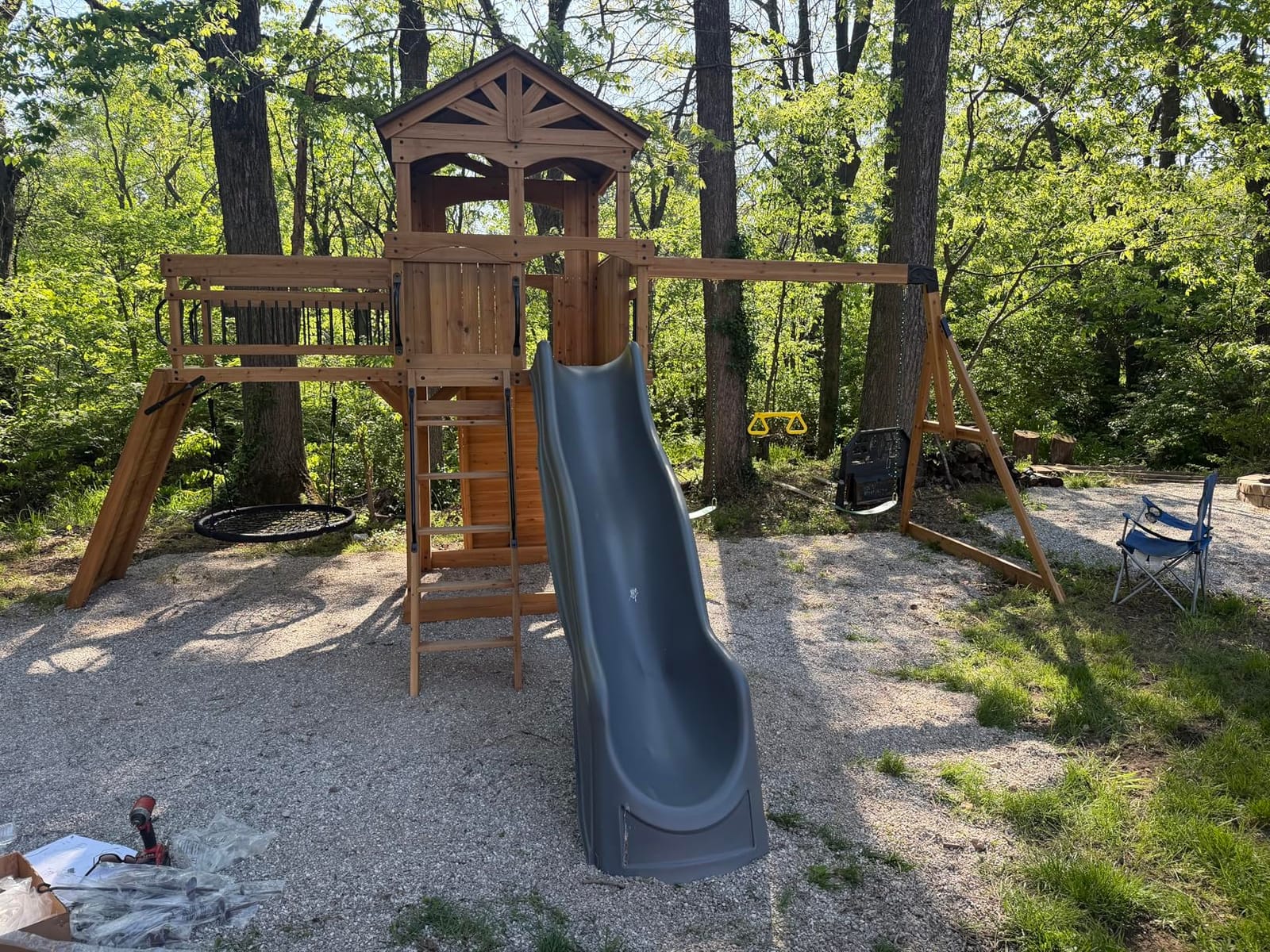 Backyard Discovery Sterling Point Cedar Wood Swing Set with Wave Slide, Raised Clubhouse, Wooden Bridge, Rock Wall, Belt Swings, Web Swing, Trapeze, Balcony, Climbing Wall, Ladder, Outdoor Playset customer photo 1