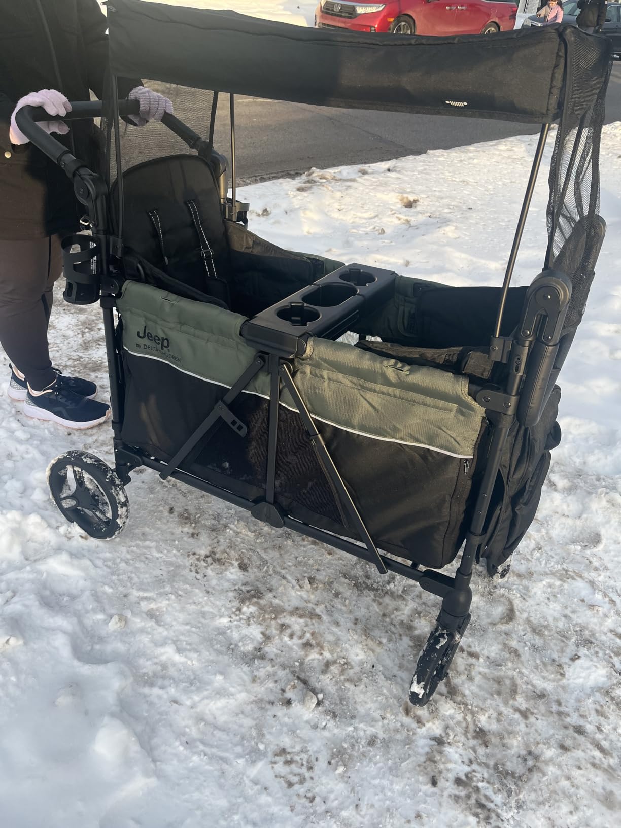 Jeep Aries Stroller Wagon by Delta Children Premium Wagon for 2 Kids with Convertible Seats, Adjustable Push/Pull Handles, Removable Canopy & Flat Fold - Greenguard Gold Certified, Black/Green customer photo 1