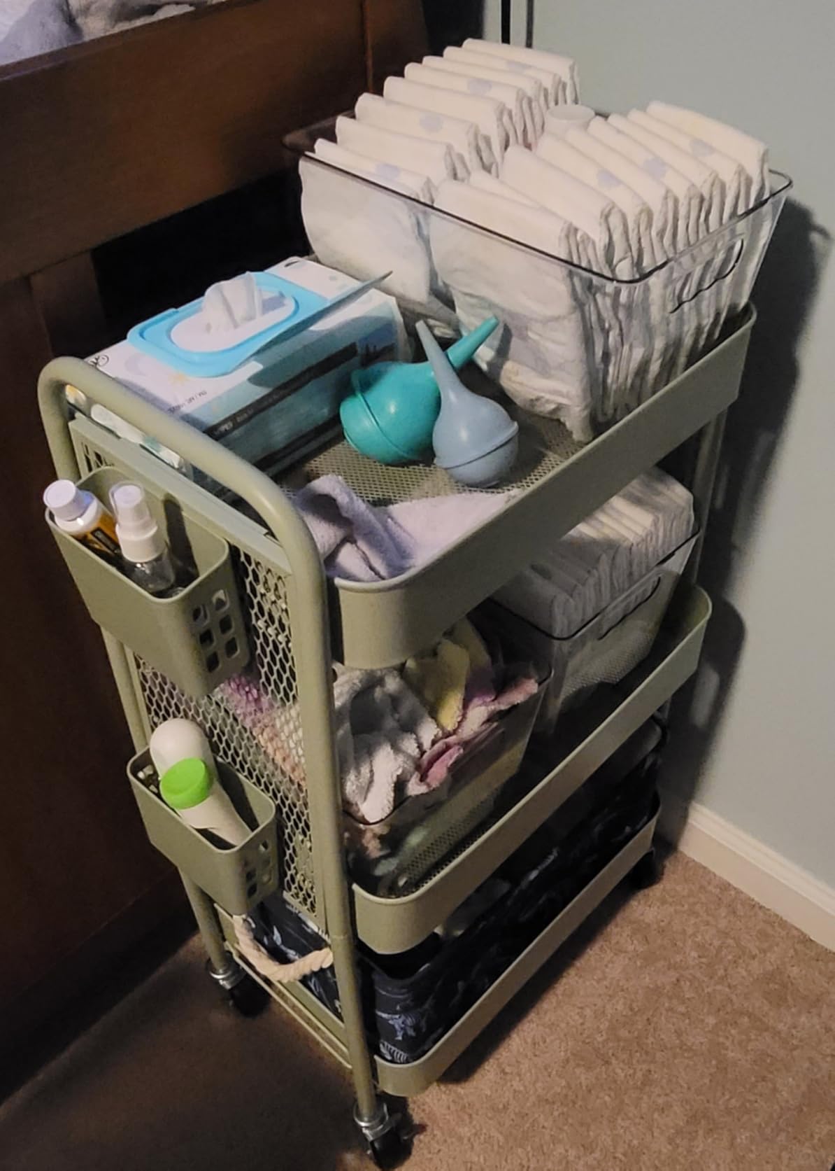 TOOLF 3 Tier Rolling Cart, Metal Utility Storage Cart with Pegboard, Green customer photo 2