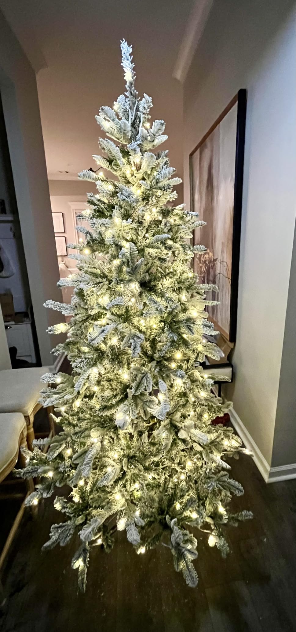 8FT Christmas Tree Prelit Flocked，Snow Frosted PE Tips Premium Artificial Xmas Tree，Foldable Metal Base, Holiday Decoration Warm White & Muticolor LED customer photo 2