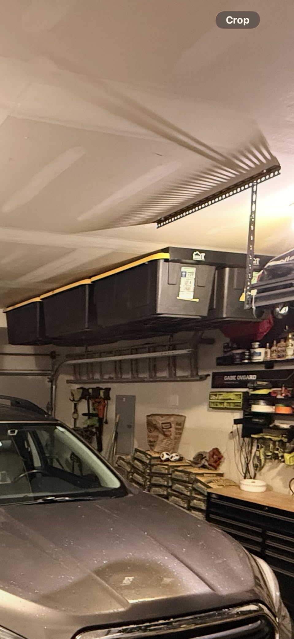 USA Based Overhead Garage Storage Rack, Connectable Heavy Duty Metal Ceiling Rails Garage Storage Organization Shelving System, Hanging Racks Tote Containers, Supports Up To 6 Bins, 4 Sets Black customer photo 2