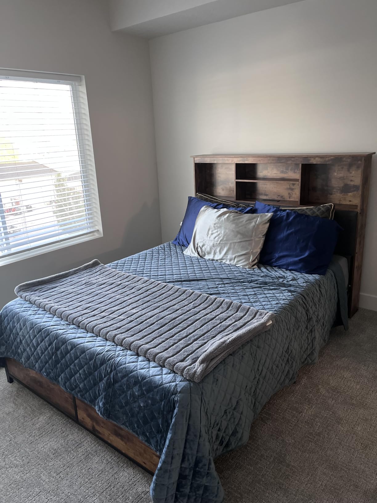 HISOFT Queen Bed Frame with Storage Headboard, Wooden Bed with High Storage Bookcase, Ship in 2 Boxes, 4 Drawers & LED & Charging Station,No Box Spring Needed/Noise Free/All-Metal Support, Rustic Grey customer photo 1