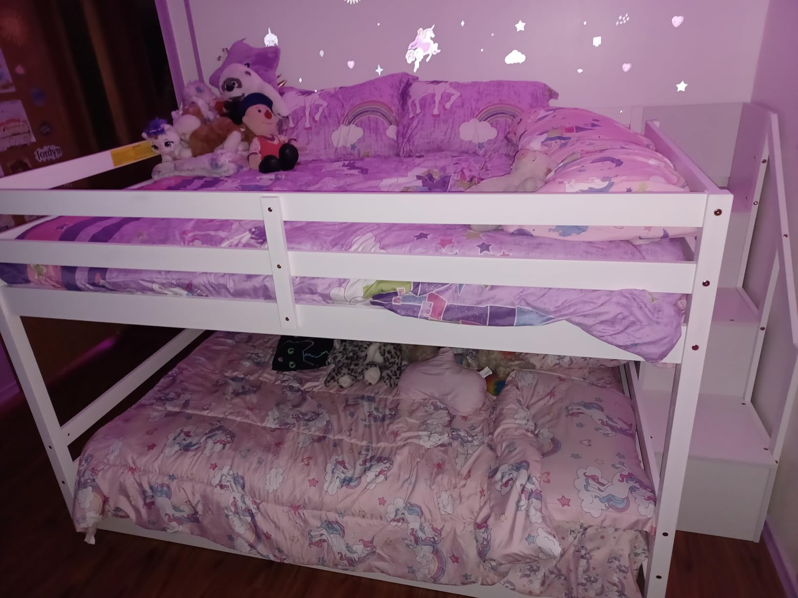GIANTEX Twin Over Twin Bunk Bed with Stairs, Solid Wood Floor Bunk Bed with Storage Staircase & Full-Length Guardrails, Low Bunk Bed with for Kids, Teens, Adults, Dorm, Small Space, White customer photo 1