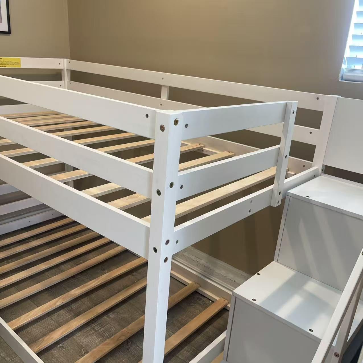 GIANTEX Twin Over Twin Bunk Bed with Stairs, Solid Wood Floor Bunk Bed with Storage Staircase & Full-Length Guardrails, Low Bunk Bed with for Kids, Teens, Adults, Dorm, Small Space, White customer photo 2