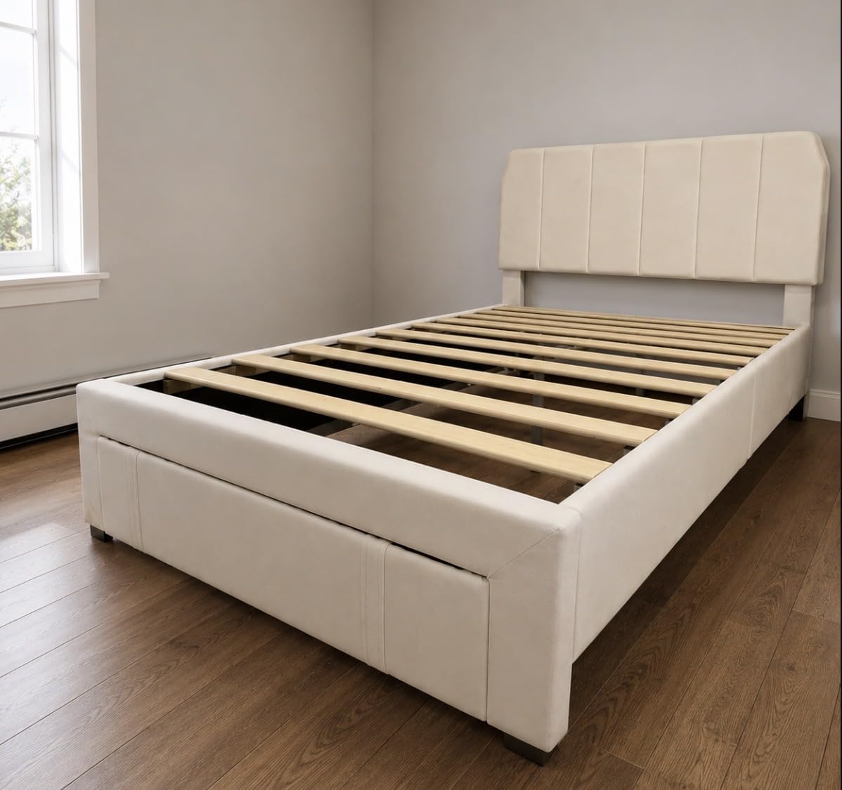 VECELO Queen Size Upholstered Bed Frame with 4 Drawers and Headboard, Velvet Platform Storage Bedframe, Wooden Slats Support, No Box Spring Needed,White customer photo 1