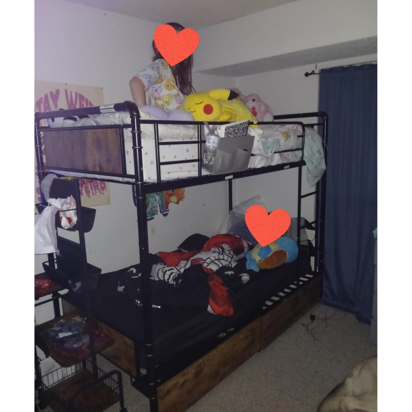 Jocoevol Metal LED Bunk Bed Twin Over Twin with 2 Storage Drawers, USB Charging Station, Industrial Bunkbeds Heavy Duty Bed with Safety Guardrail and Ladder, No Box Spring Needed, Vintage Brown customer photo 1