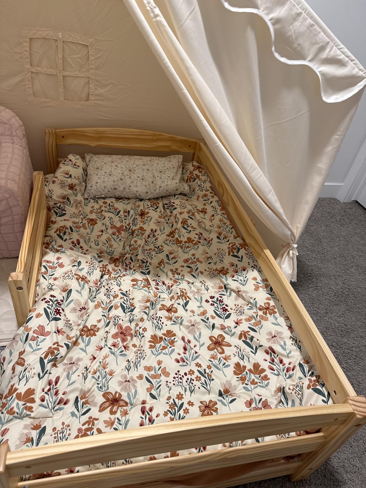Ocodile Toddler Bed with Rails | Low Montessori Floor Bed Frame for Kids | Standard Crib Size Wooden Frame for Independent Toddlers 1-3 - Gray customer photo 2