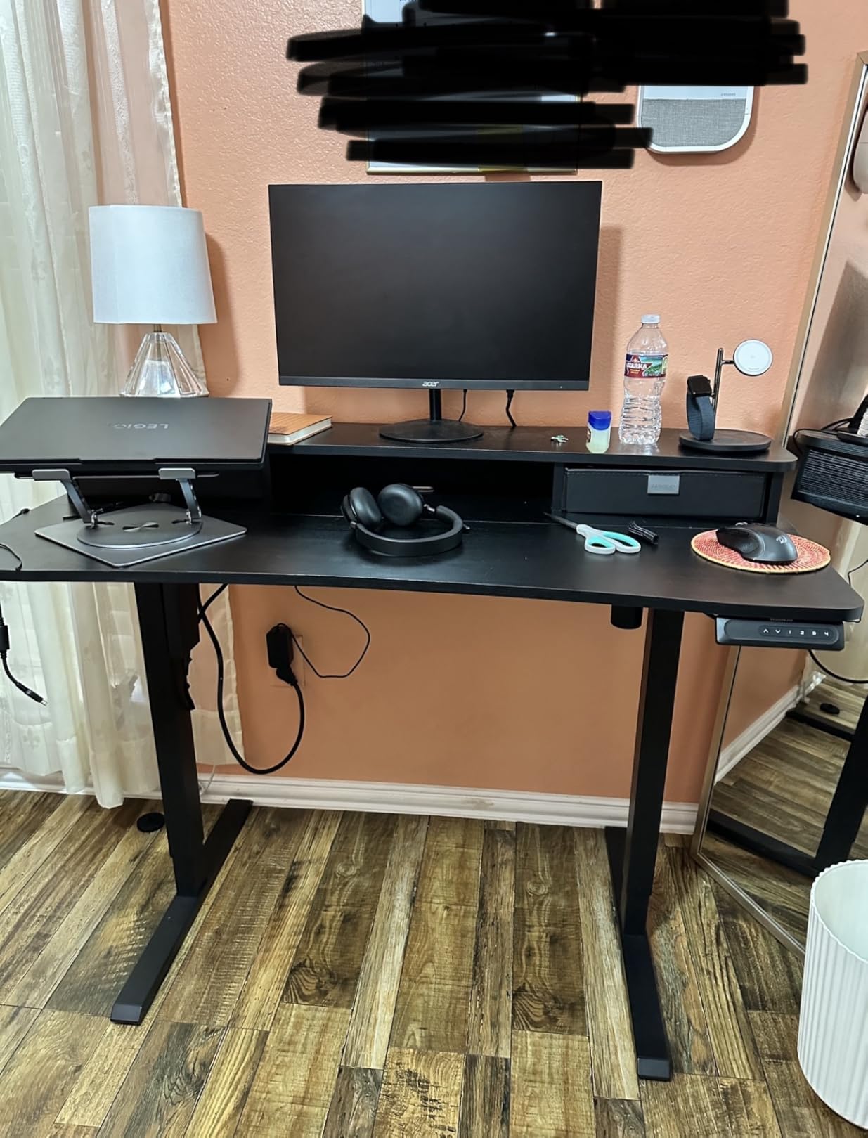 HUANUO 60″ x 30″ Electric Standing Desk with 2 Drawers, C-Clamp Mount Compatible, Height Adjustable Computer Desk, Home Office Stand Up Desk with 4 Preset Heights & 2 Hooks, Vintage Brown customer photo 2