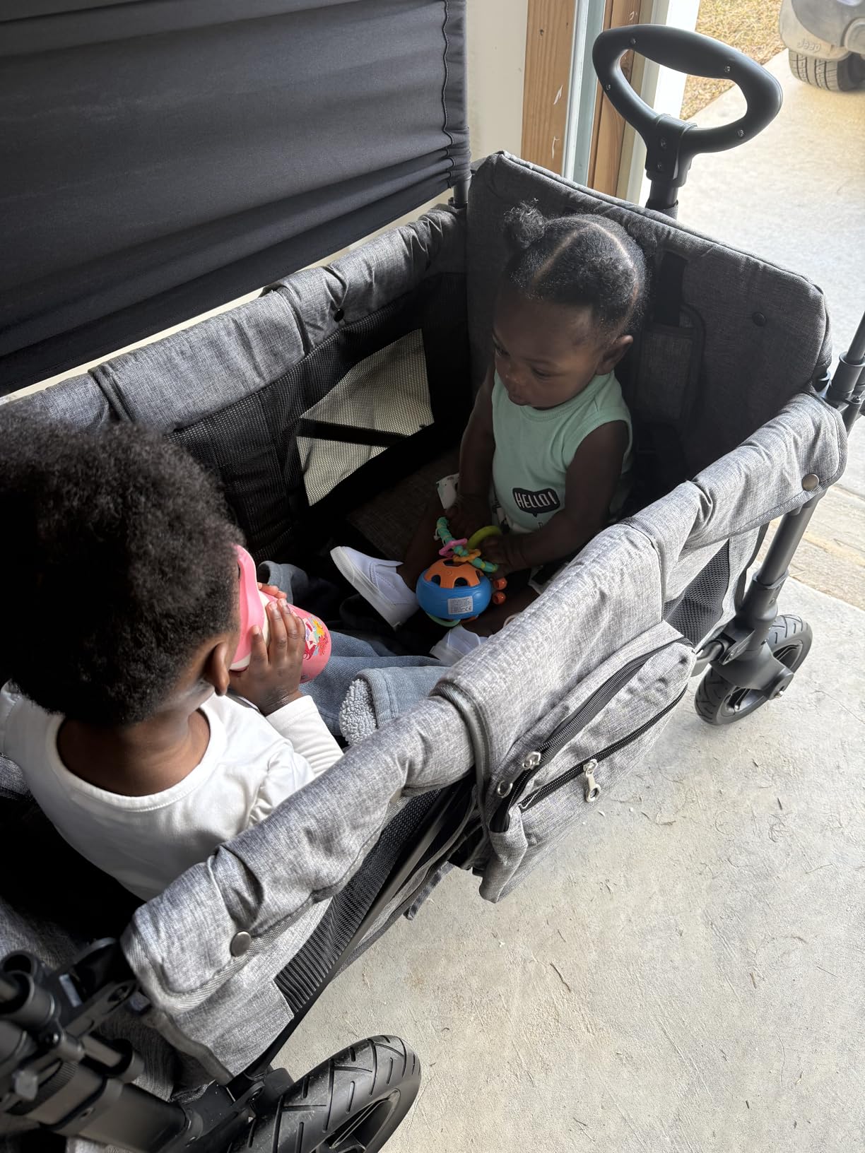 Rovique Wagon Stroller for 2 Kids,Premium Wagon for Kids with Removable Canopy, Snack Tray, Convertible Baby Bassinet, 5-Point Safety Harness, All-Terrain PU Wheels & Adjustable Push/Pull Handle,Grey customer photo 2