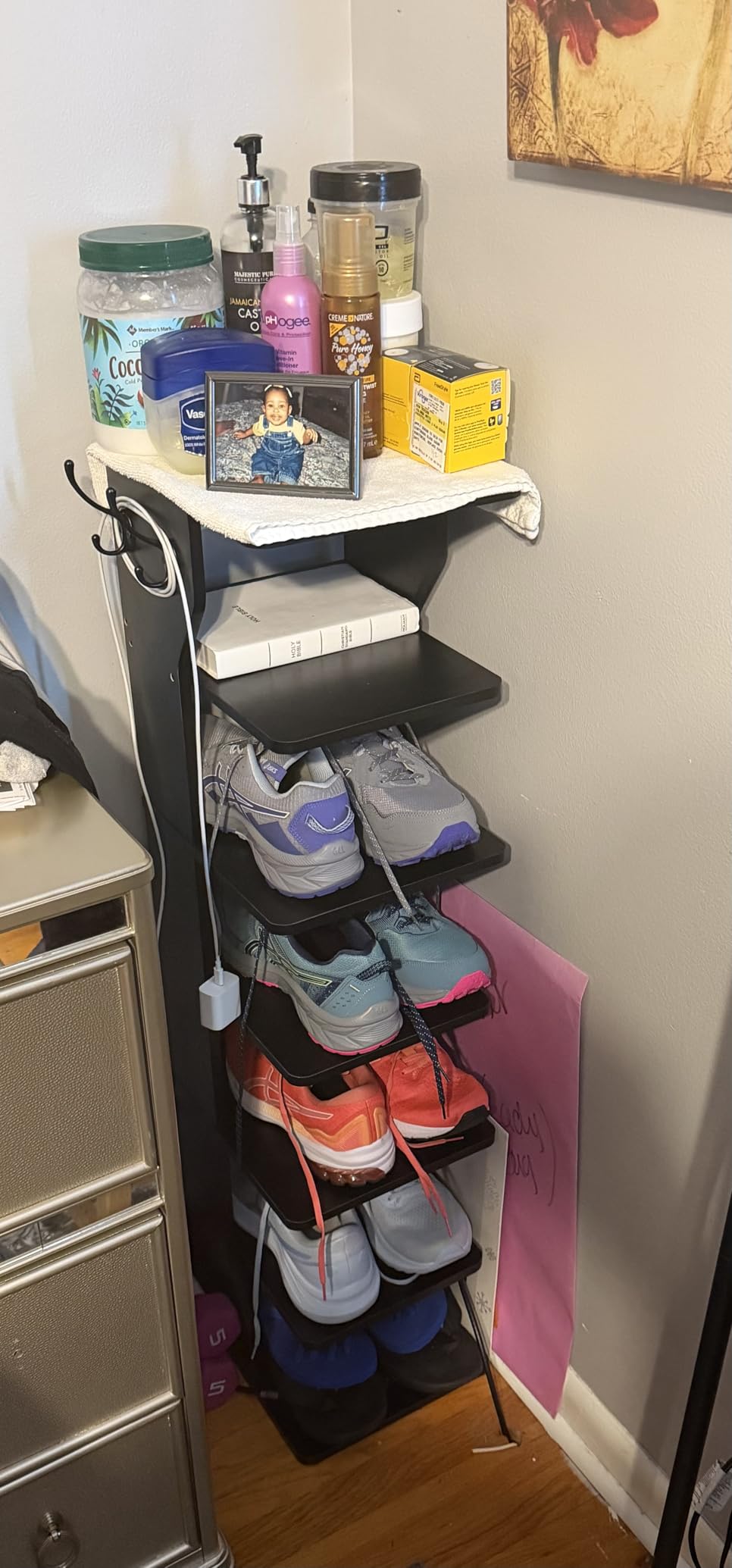 VASAGLE 7-Tier Vertical Shoe Rack, Narrow Shoe Storage Organizer with Hooks customer photo 2