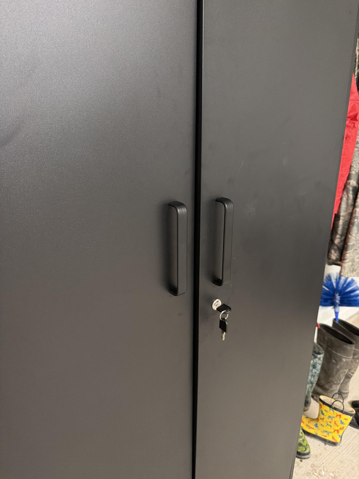 Wide & Deep Metal Storage Cabinet with Hanging Rod,Black Broom Closet Storage Cabinet with Lock,72