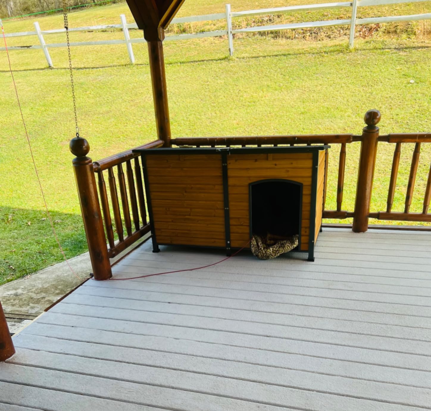 GUTINNEEN Heated Dog House Outdoor Insulated Dog Kennel with Heater, Durable Metal Frame, Chew-Resistant Cord, 6-Sided Thermal Liner, PVC Door Curtain for Winter (Brown) customer photo 1