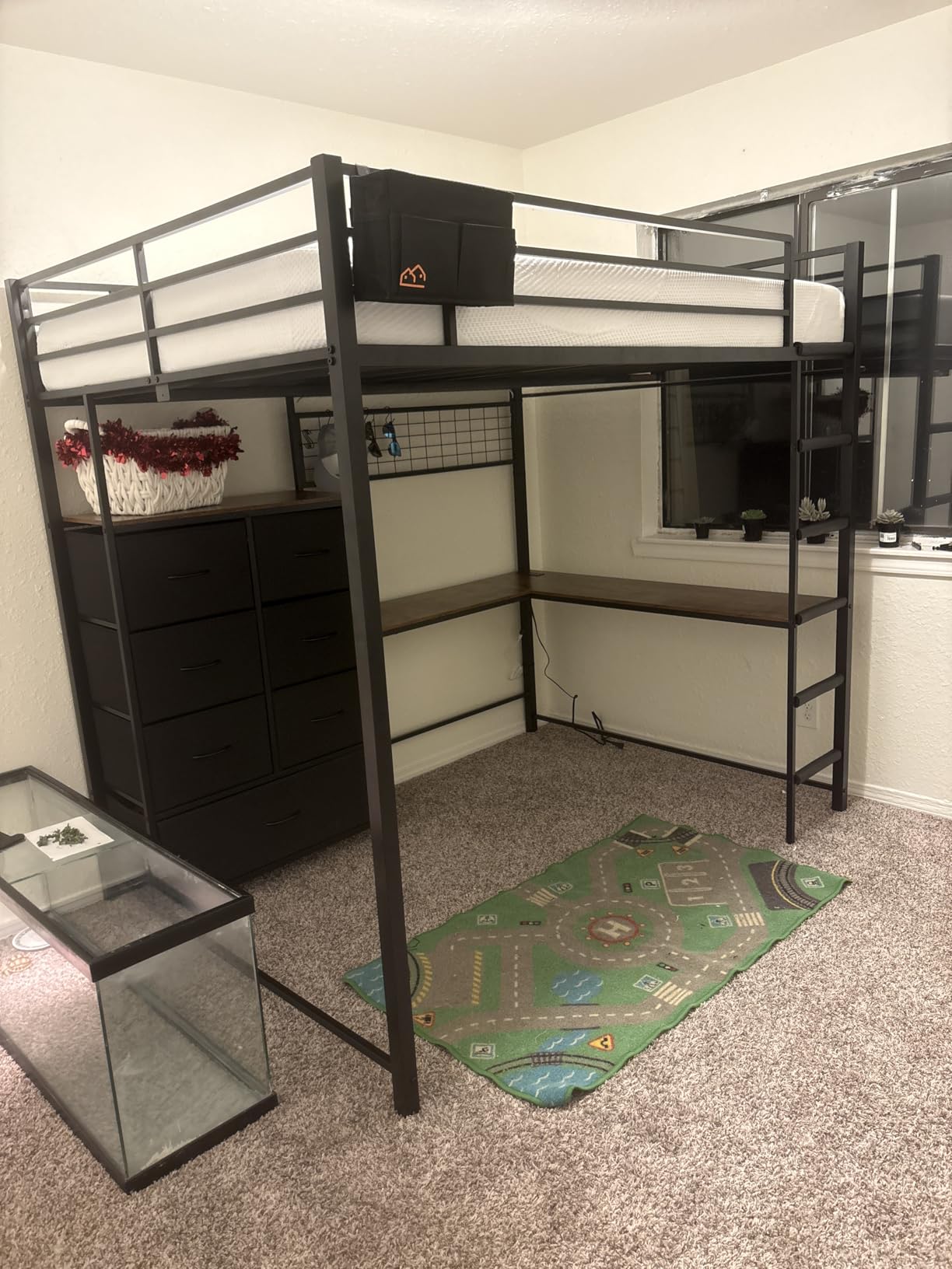 DICTAC Full Loft Bed with L-Shaped Desk and 7 Storage Drawers,Metal Full Size Loft Bed for Teen with LED Lights and Charging Station,13.11