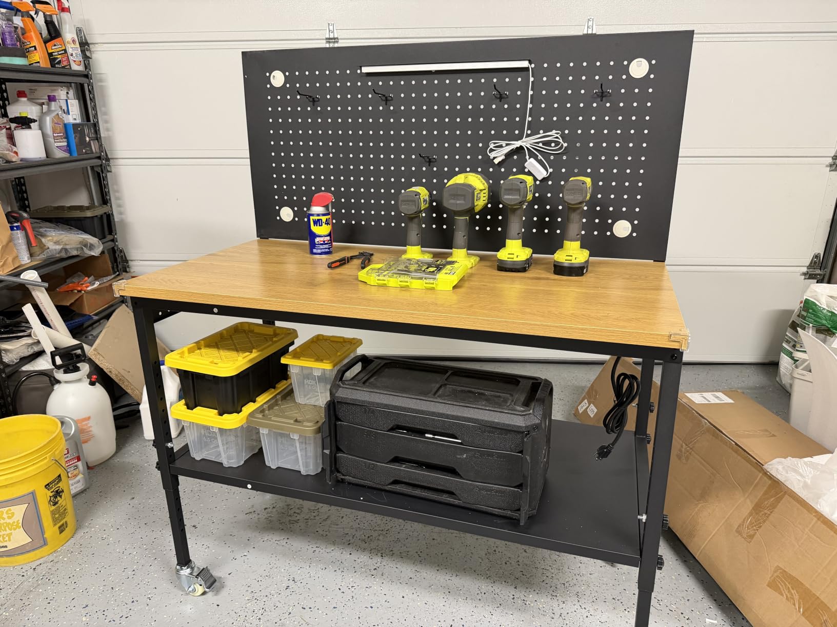 48” Adjustable Wood Work Bench, Heavy Duty Work Table with Power Outlets & Drawers Wheels for Workshop, Garage, 3000 Lbs Capacity customer photo 1