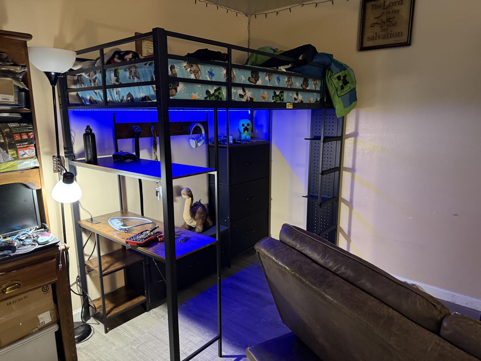 DICTAC Twin Loft Bed with 6 Storage Drawers,Coat Rack and Open Shelves Metal Twin Size Loft Bed with Desk,Charging Station and LED Light,loft beds with Large Pegboard,Stairs and Safety Guardrail,White customer photo 1