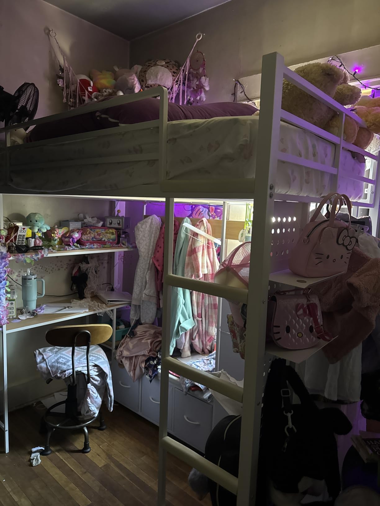 DICTAC Twin Loft Bed with 6 Storage Drawers,Coat Rack and Open Shelves Metal Twin Size Loft Bed with Desk,Charging Station and LED Light,loft beds with Large Pegboard,Stairs and Safety Guardrail,White customer photo 2