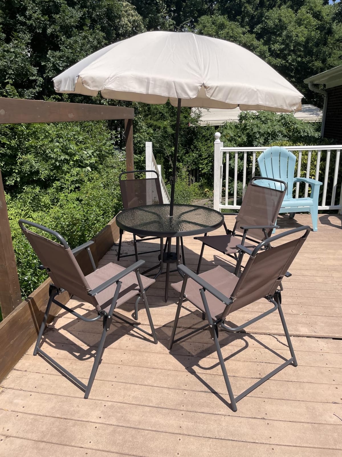 Shintenchi 6 Piece Patio Dining Set with Umbrella, Outdoor Furniture Set with 4 Folding Chairs and Tempered Glass Top Dining Table fot Lawn Backyard Garden Porch Brown and Beige customer photo 1