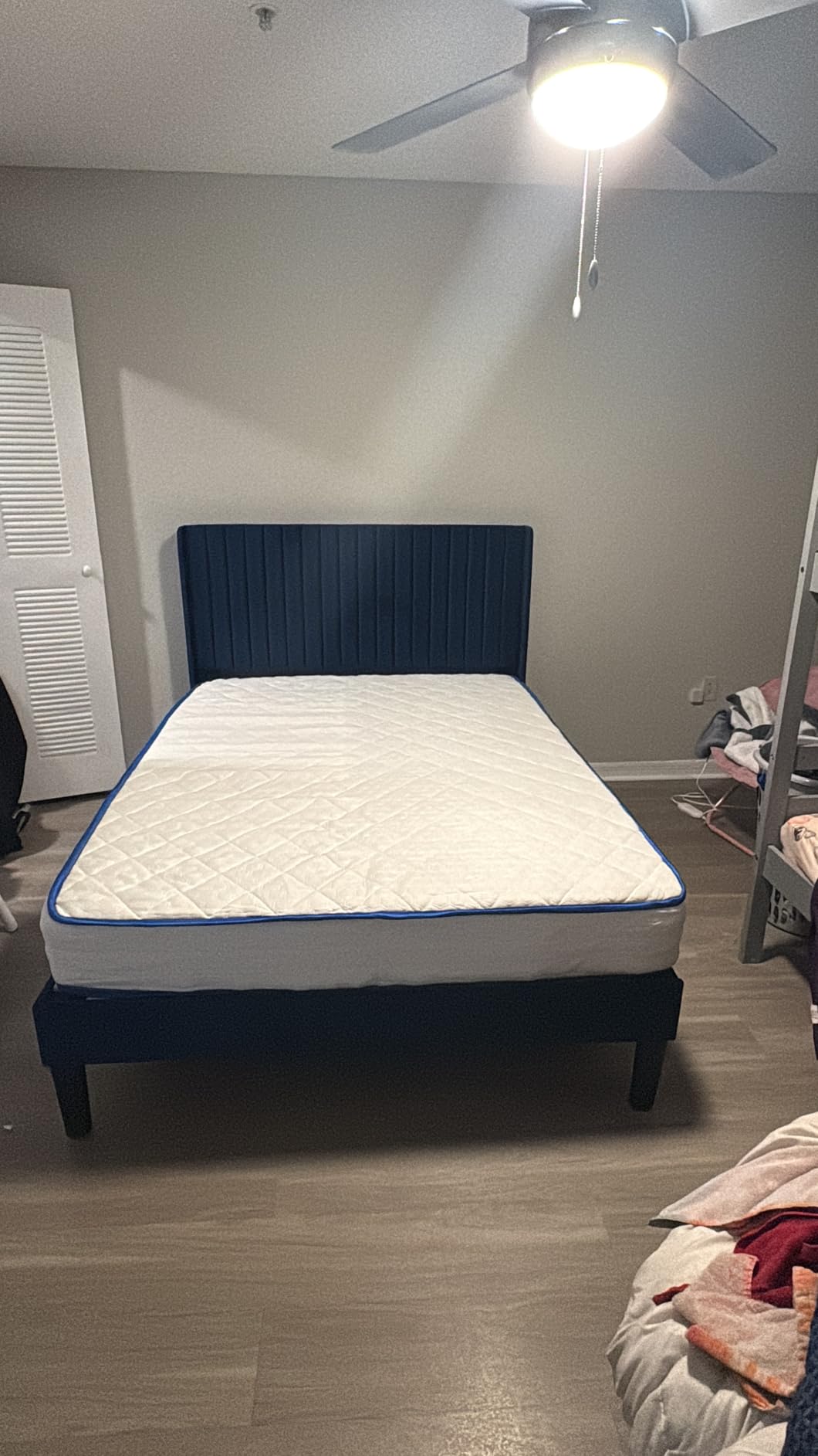 Allewie Queen Size Velvet Bed Frame/Vertical Channel Tufted Wingback Headboard/Upholstered Platform Bed/Strong Wooden Slats/No Box Spring Needed/Easy Assembly/Cream White customer photo 1