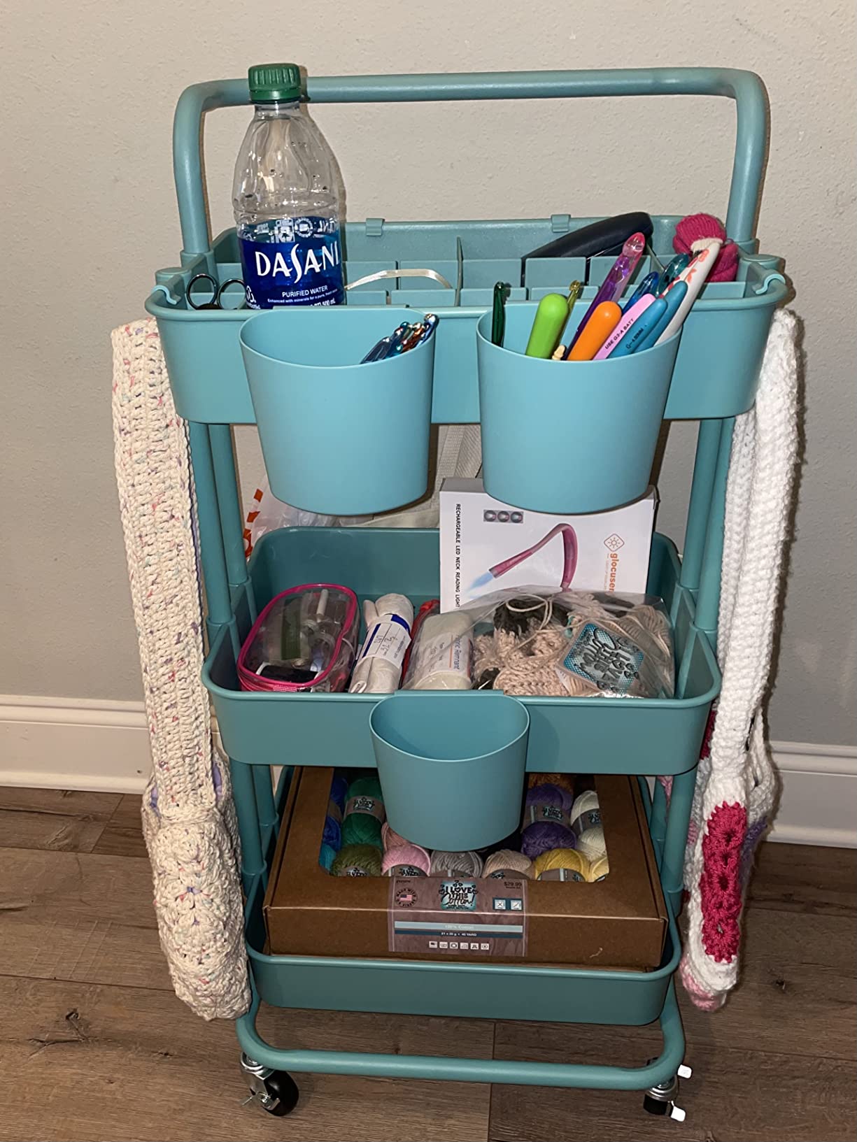 ALVOROG Rolling Storage Cart with 5 Drawers,Pegboards,Wooden Top,Bins,White customer photo 1