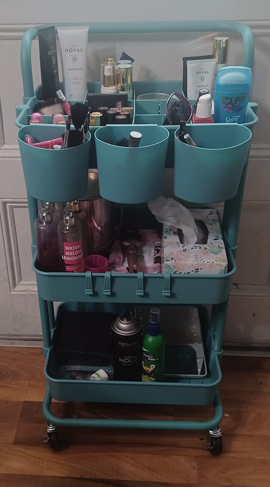 ALVOROG Rolling Storage Cart with 5 Drawers,Pegboards,Wooden Top,Bins,White customer photo 2