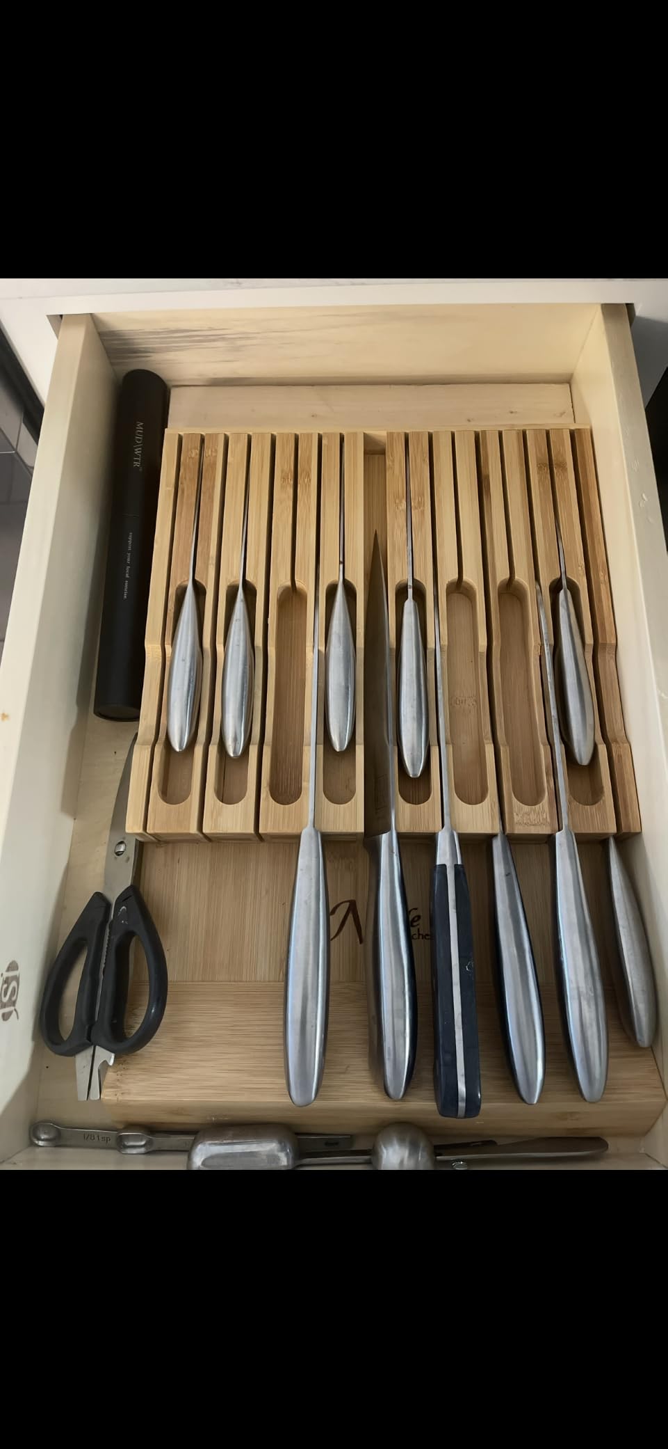 In-Drawer Bamboo Knife Block Holds 16 Knives (Not Included) Without Pointing Up PLUS a Slot for your Knife Sharpener! Noble Home & Chef Knife Organizer Made from Quality Moso Bamboo customer photo 2