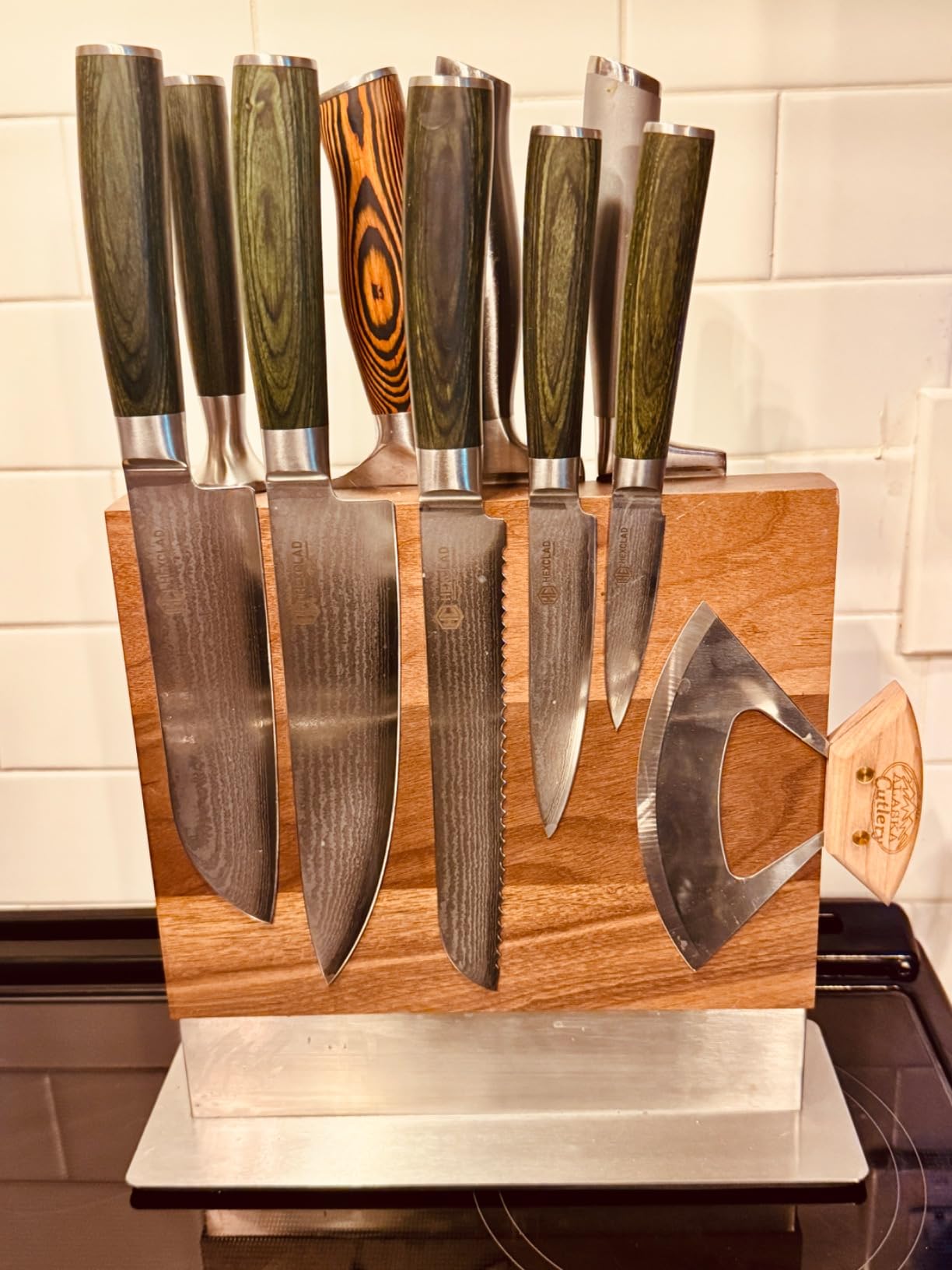 Coninx Magnetic Knife Holder with display stand, Double Sided Strong Magnetic Knife block for Kitchen counter top, Universal empty storage Organizer Block (Walnut Wood) customer photo 2