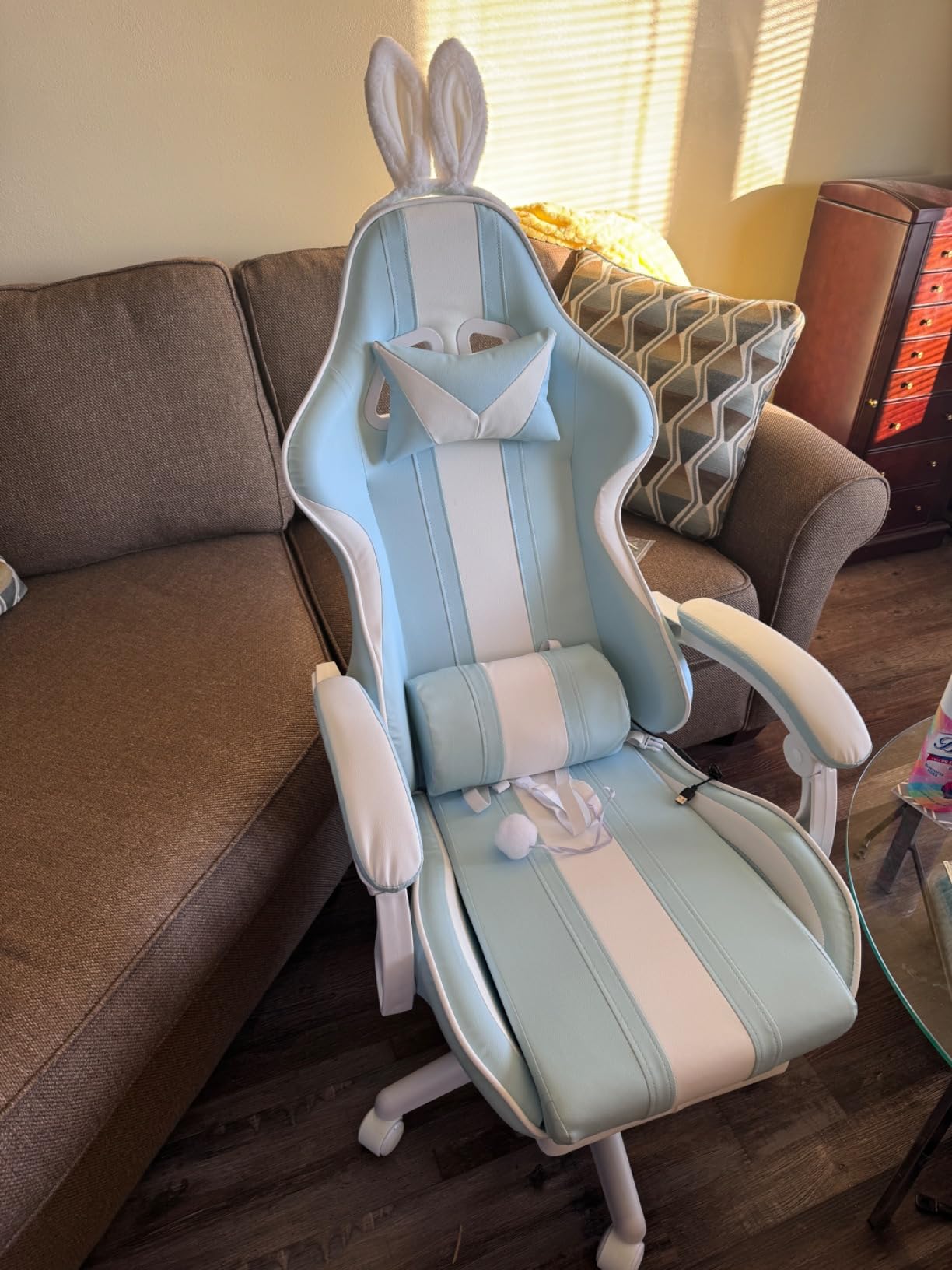 Ferghana Kawaii Light Blue Gaming Chair with Bunny Ears, Ergonomic Cute Gamer Chair with Footrest and Massage, Racing Reclining Leather Computer Game Chair 250lbs for Girls Adults Teens Kids customer photo 1