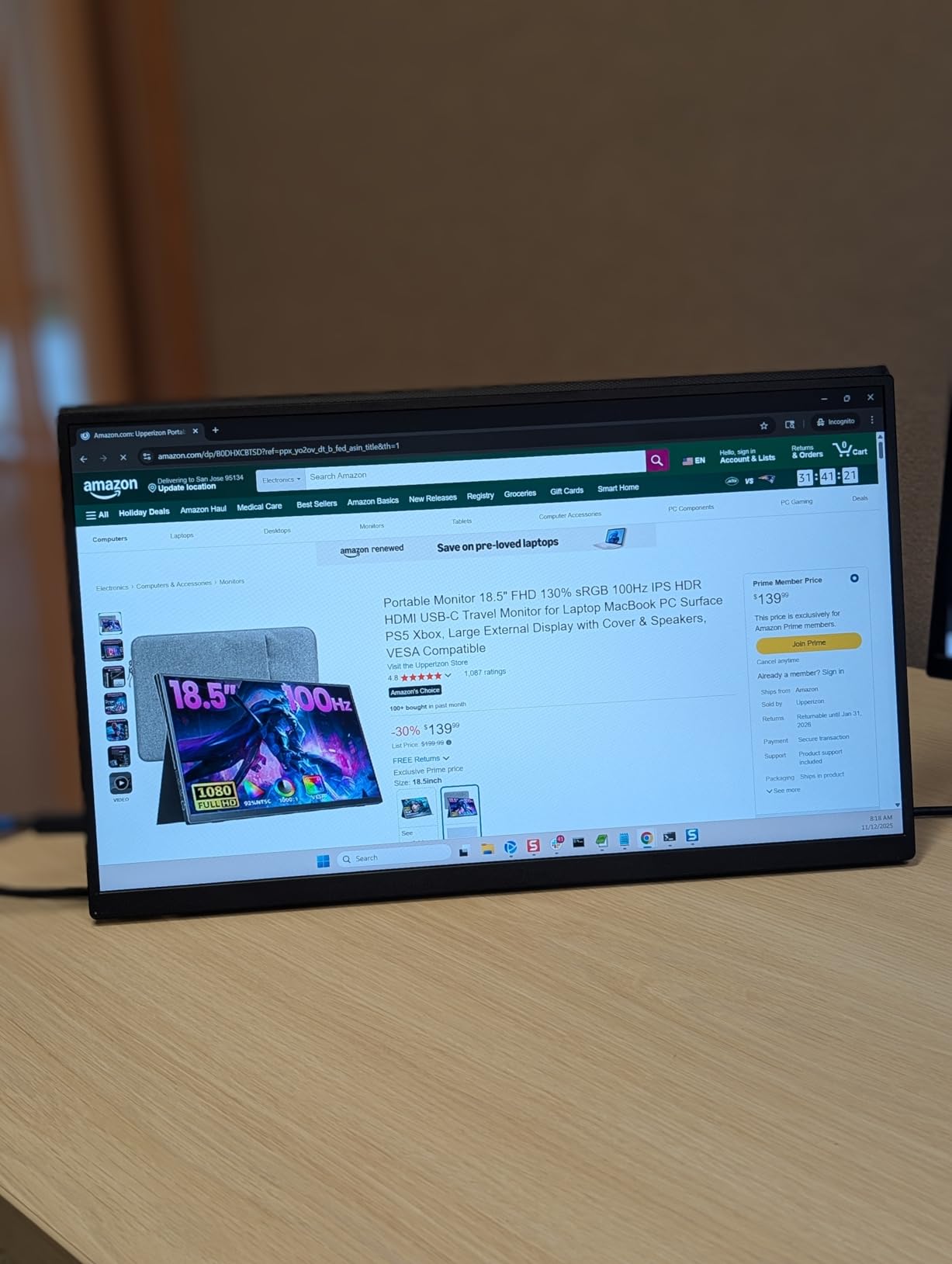 Upperizon Portable Monitor 16 inch 2K QHD 2560X1600 145% sRGB, 144Hz USB-C, 120Hz HDMI, Travel Monitor for Laptop MacBook PC Surface PS5 Xbox, External Display with Kickstand & Speaker VESA Compatible customer photo 2