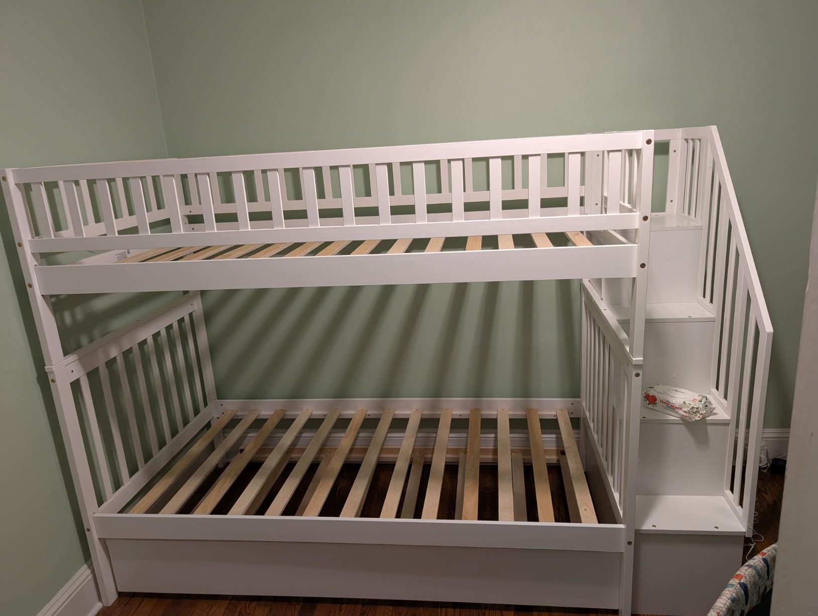 Merax Twin Over Twin Bunk Bed with Trundle, Storage Staircase and Full Length Guardrail, Solid Wood Stairway Bunk Bed, No Spring Box Needed (White) customer photo 1