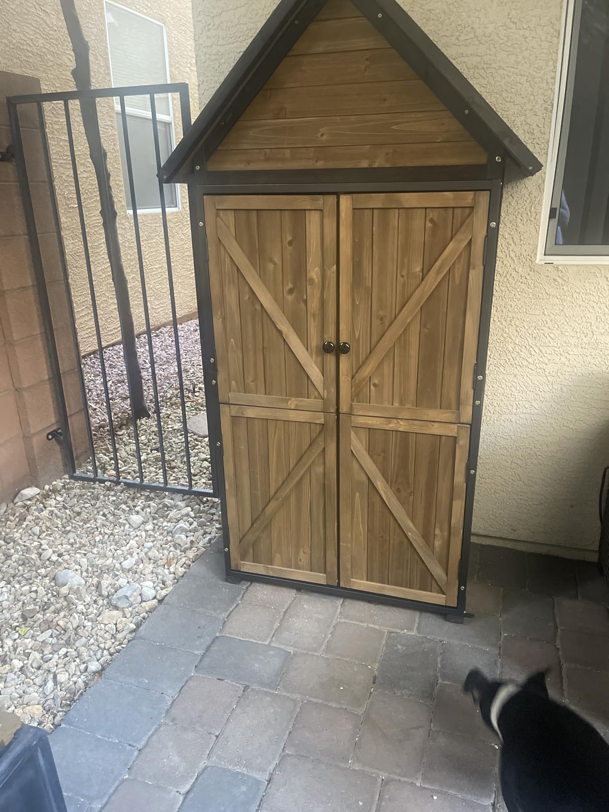 GUTINNEEN Outdoor Storage Cabinet, Upgraded with Durable Front Metal Frame Garden Shed Tool Storage Cabinet with Wooden Floor Adjustable Shelfs 2.5 x 1.4FT (Brown) customer photo 2