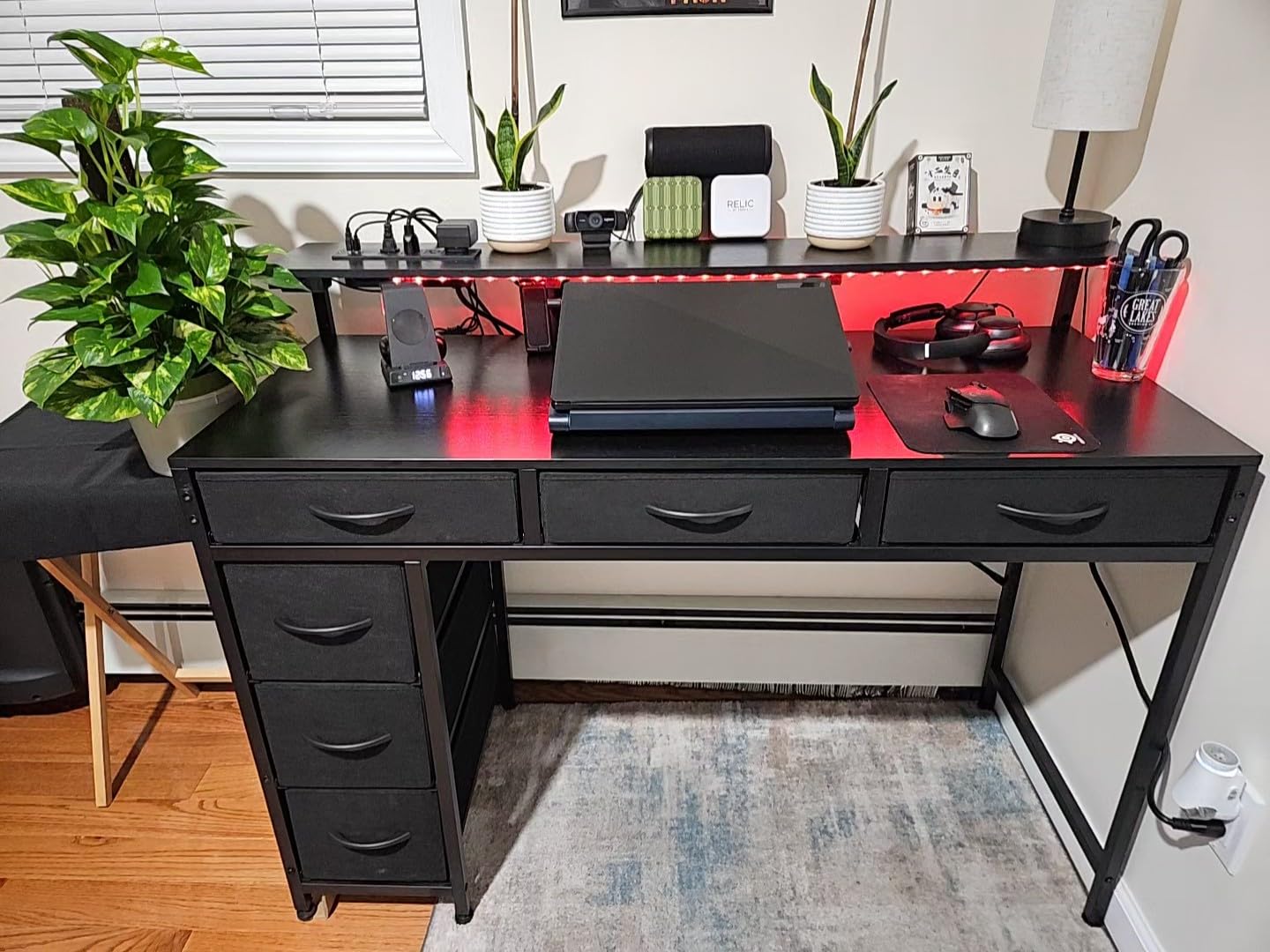 Huuger Gaming Desk with 6 Drawers, Computer Desk with LED Lights Power Outlets and Type-C, 47 Inch Office Desk with Storage, Monitor Stand, Writing Desk Work Desk Home Office, Bedroom, Black customer photo 2