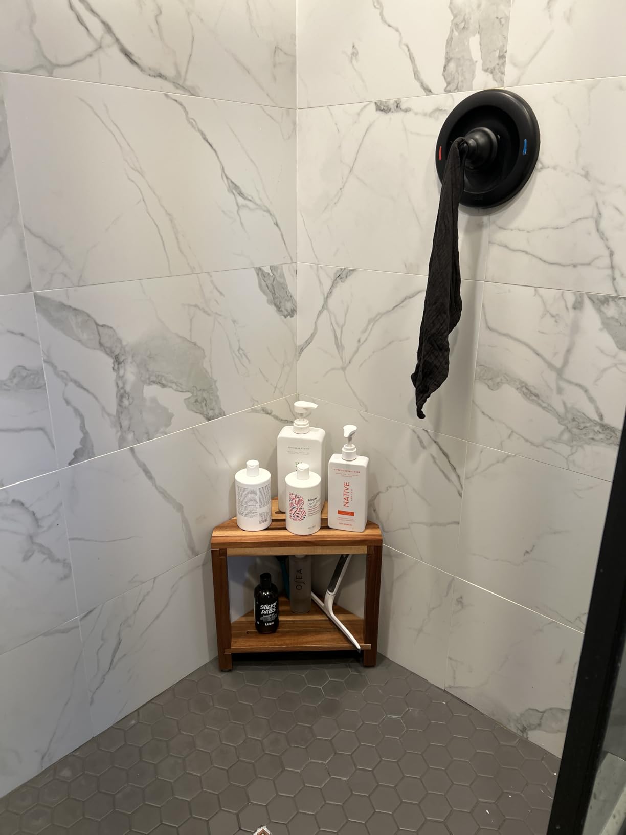 IBosins Corner Shower Stool 14in Small Bench Storage Shelf Natural Finish customer photo 2
