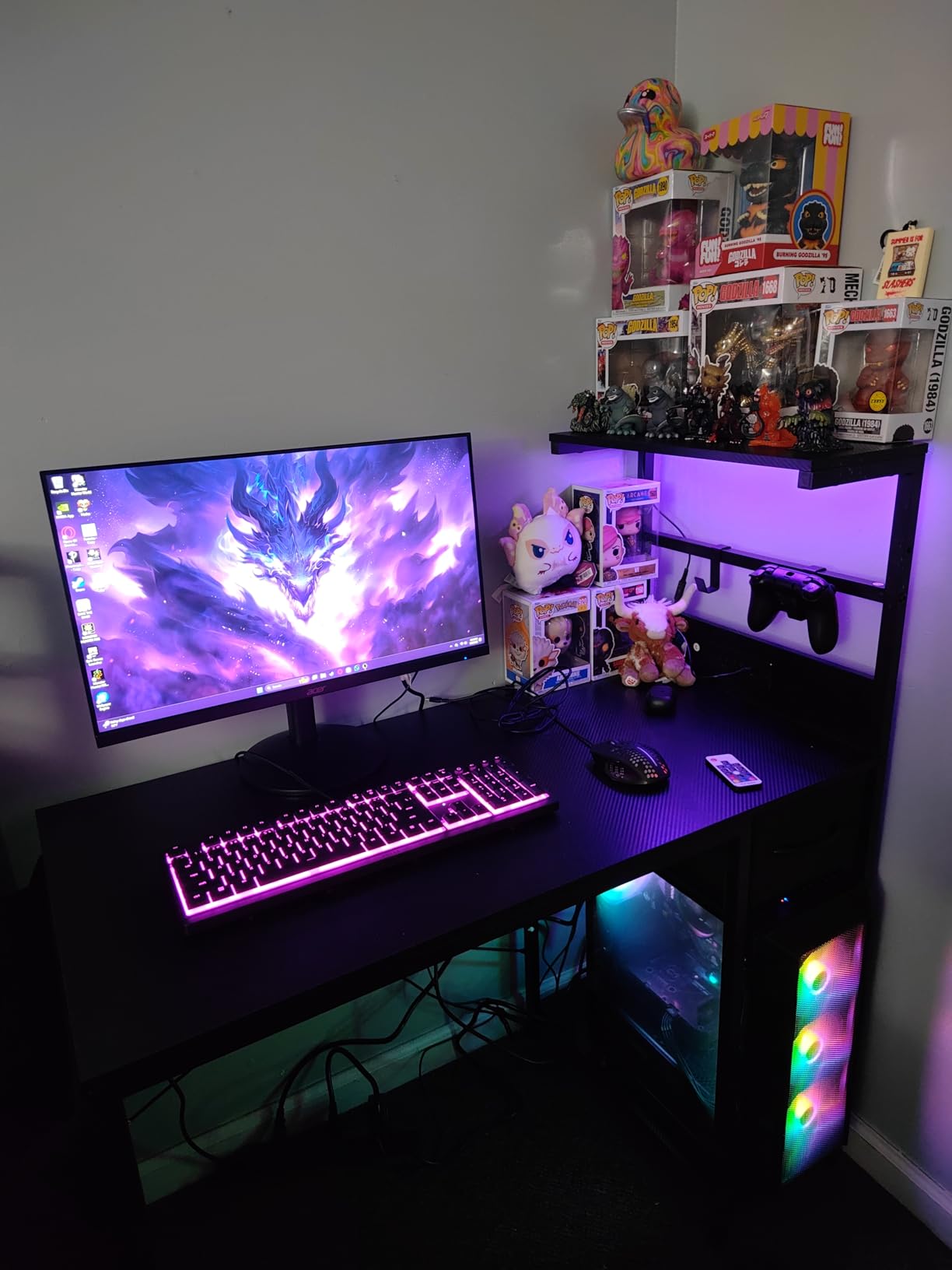 Grandder Gaming Desk 40 Inch with Power Outlet and LED Light, Computer Desk with Reversible Shelves and Storage Drawer, Pc Small Desk for Home Office Table with Bag, Carbon Fiber Black customer photo 1